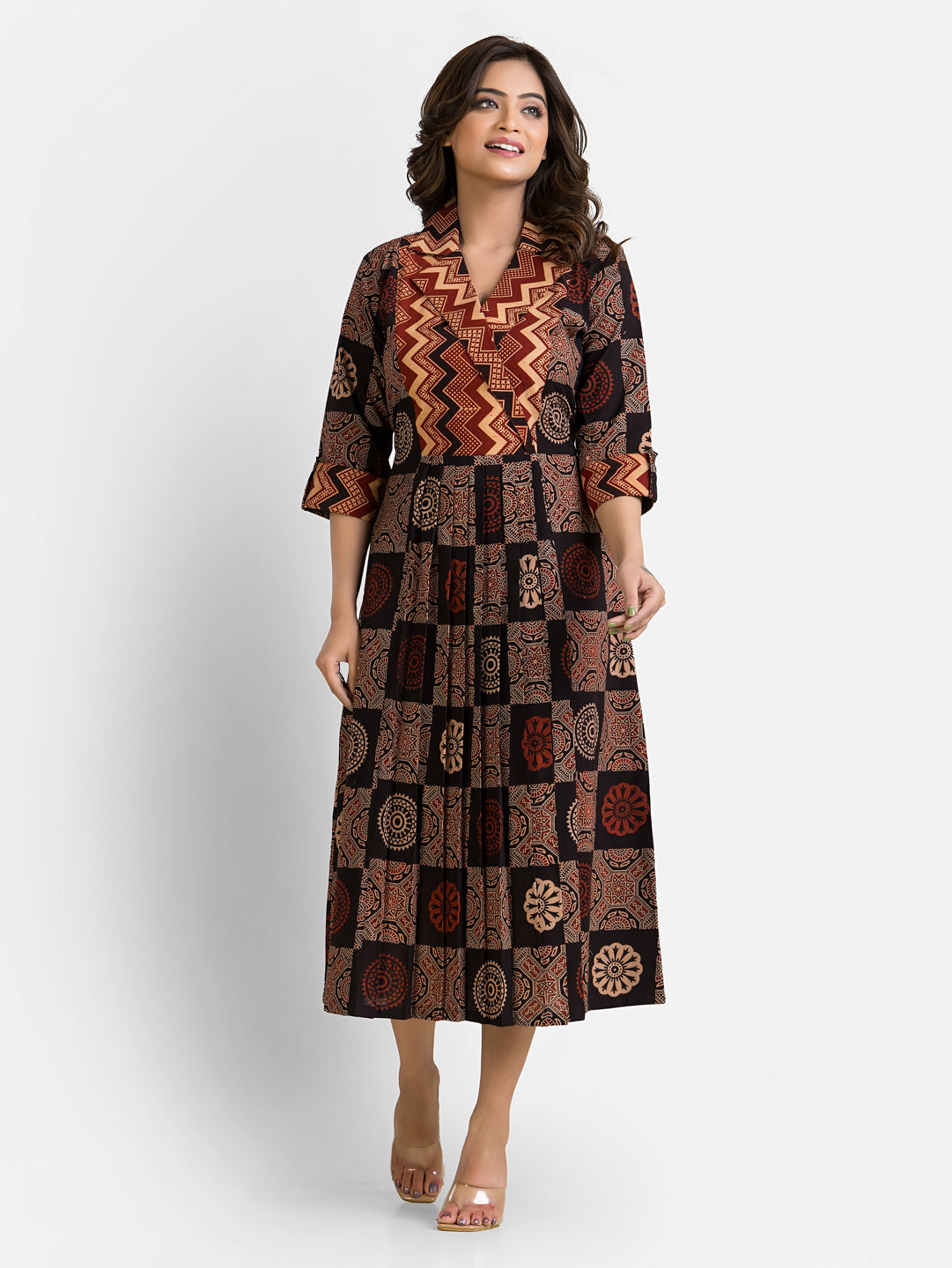 Women's Handblock Print Brown Coat Collar Dress
