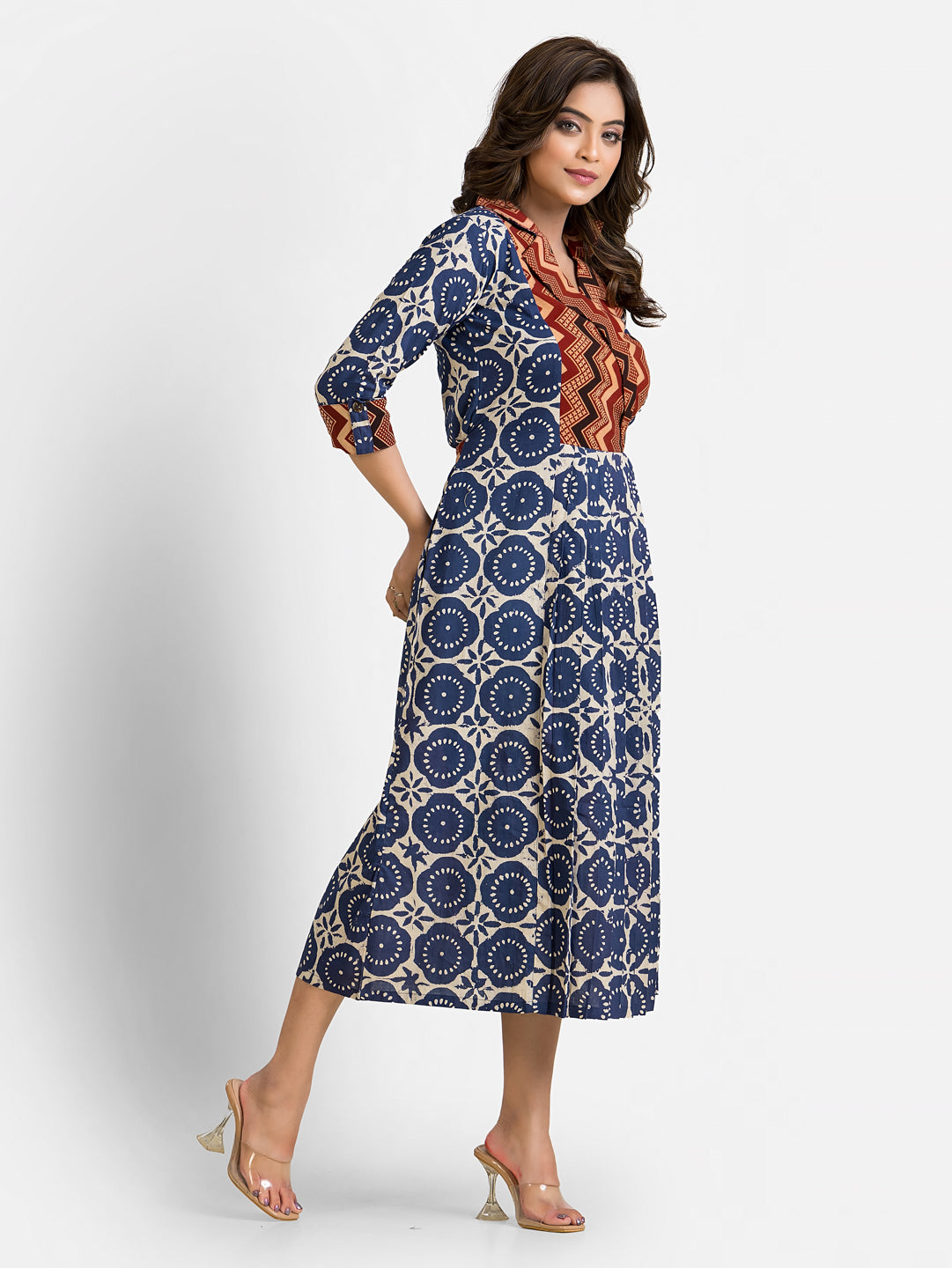Women's Ajrakh Motif Napthol print Blue Coat Collar Dress