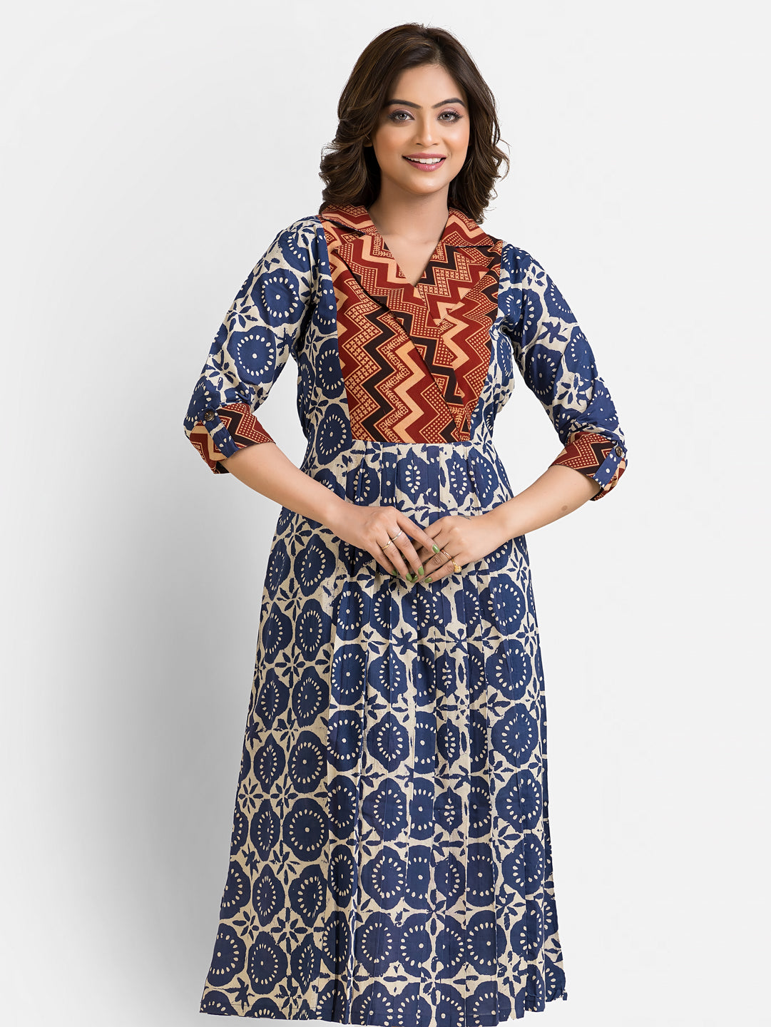 Women's Ajrakh Motif Napthol print Blue Coat Collar Dress