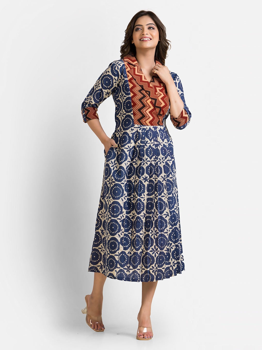 Women's Ajrakh Motif Napthol print Blue Coat Collar Dress