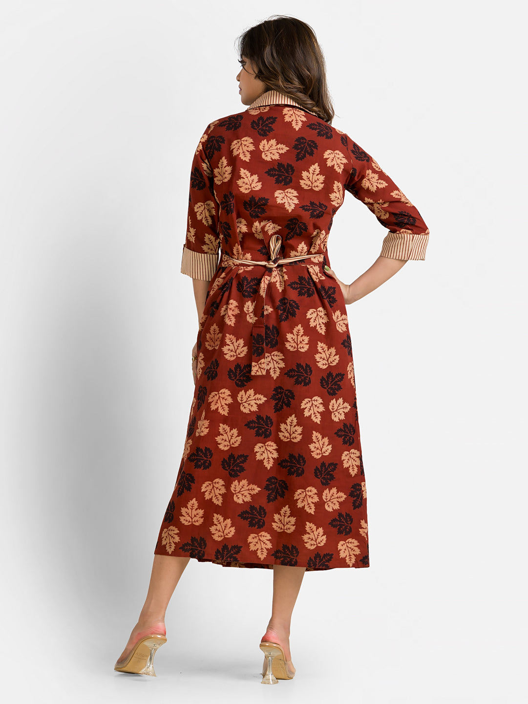 Women's Mapple Leaf Print Maroon Coat Collar Dress