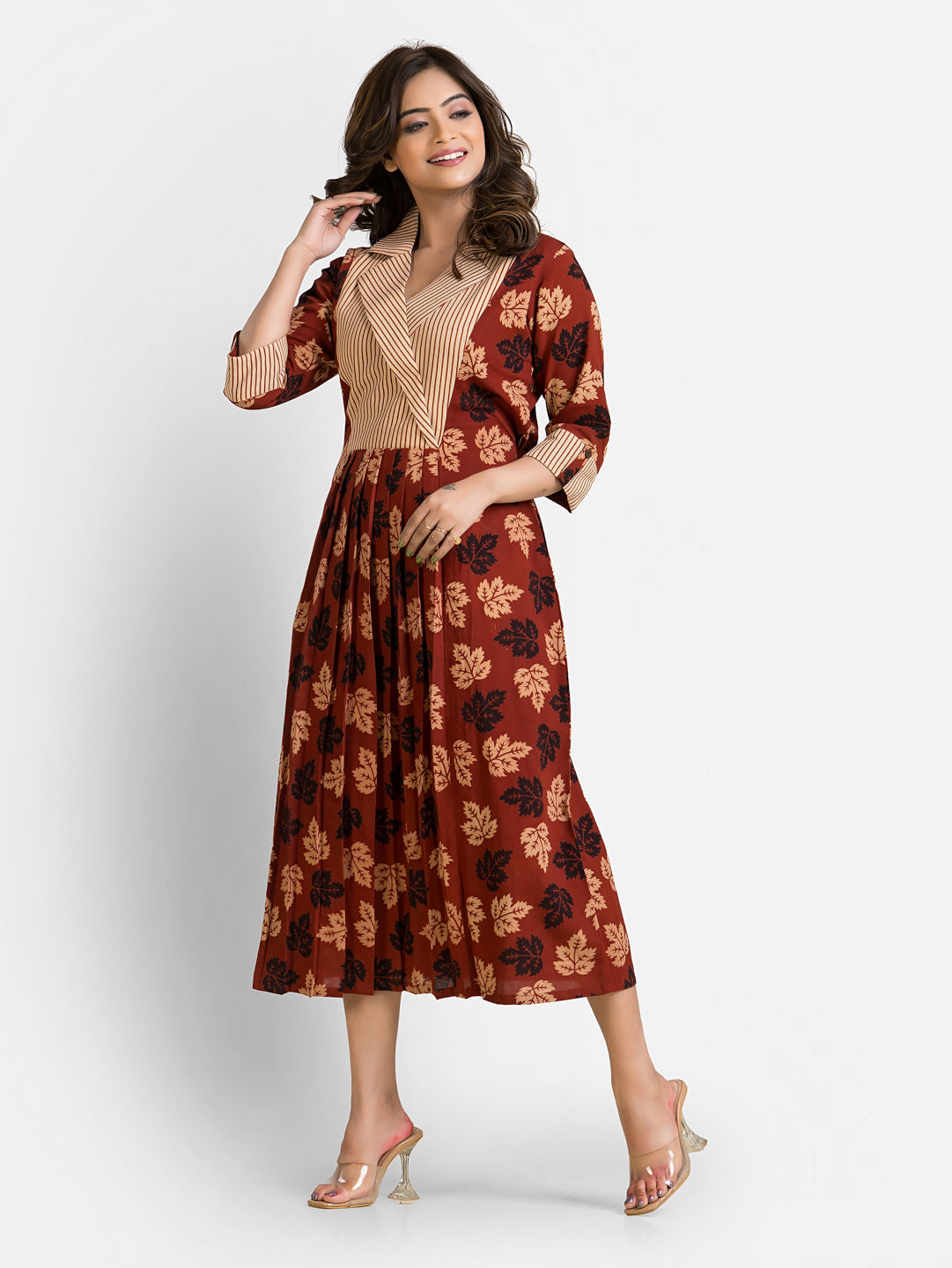 Women's Mapple Leaf Print Maroon Coat Collar Dress