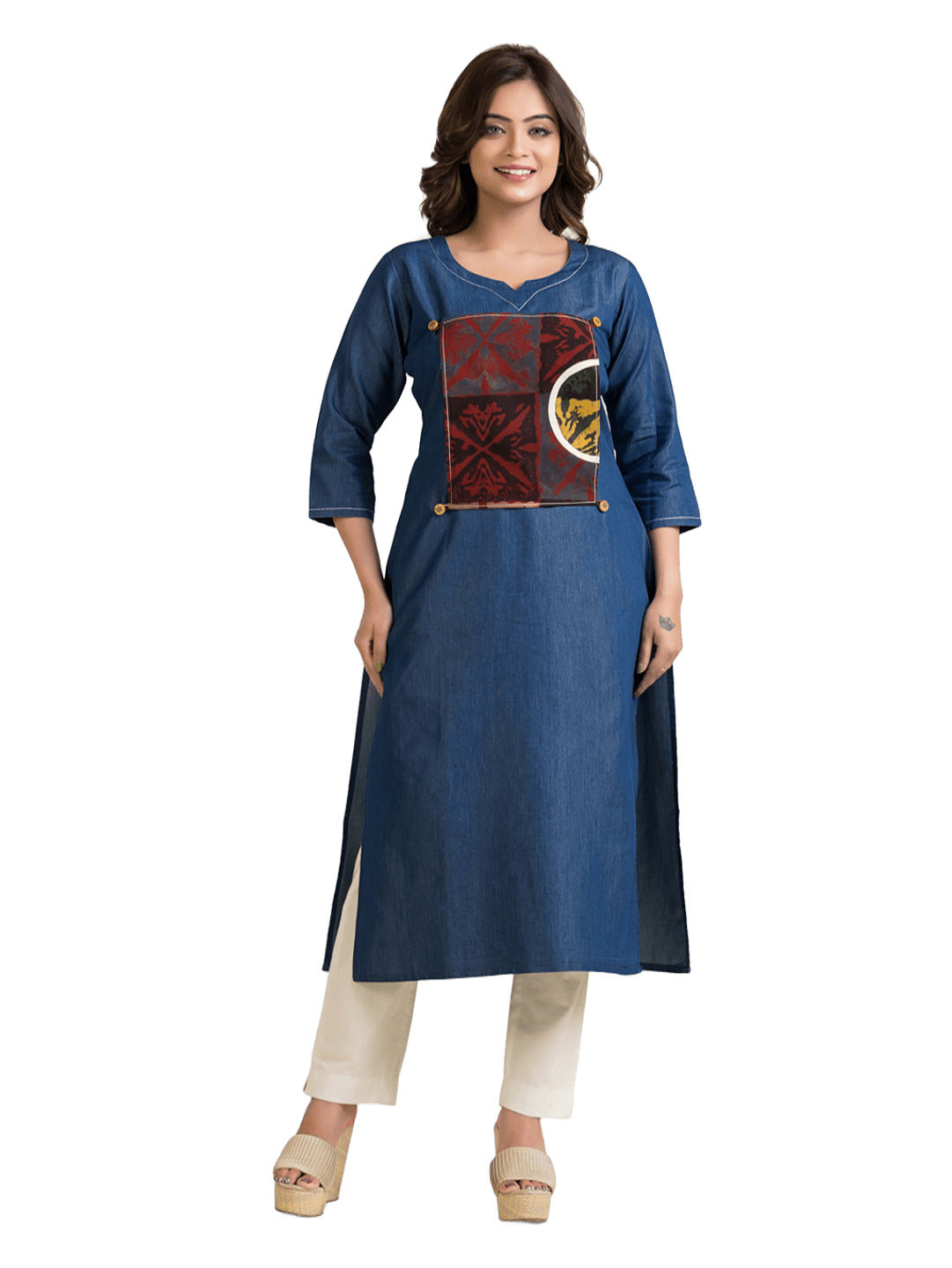 Women's Detachable Patchwork Print Denim Blue Kurta