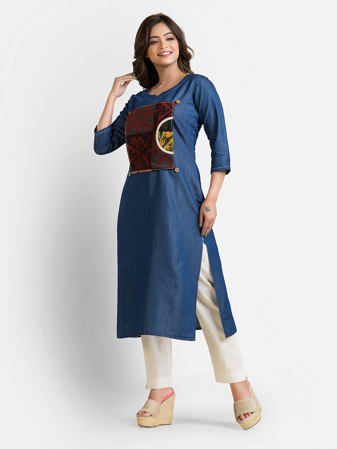 Women's Detachable Patchwork Print Denim Blue Kurta