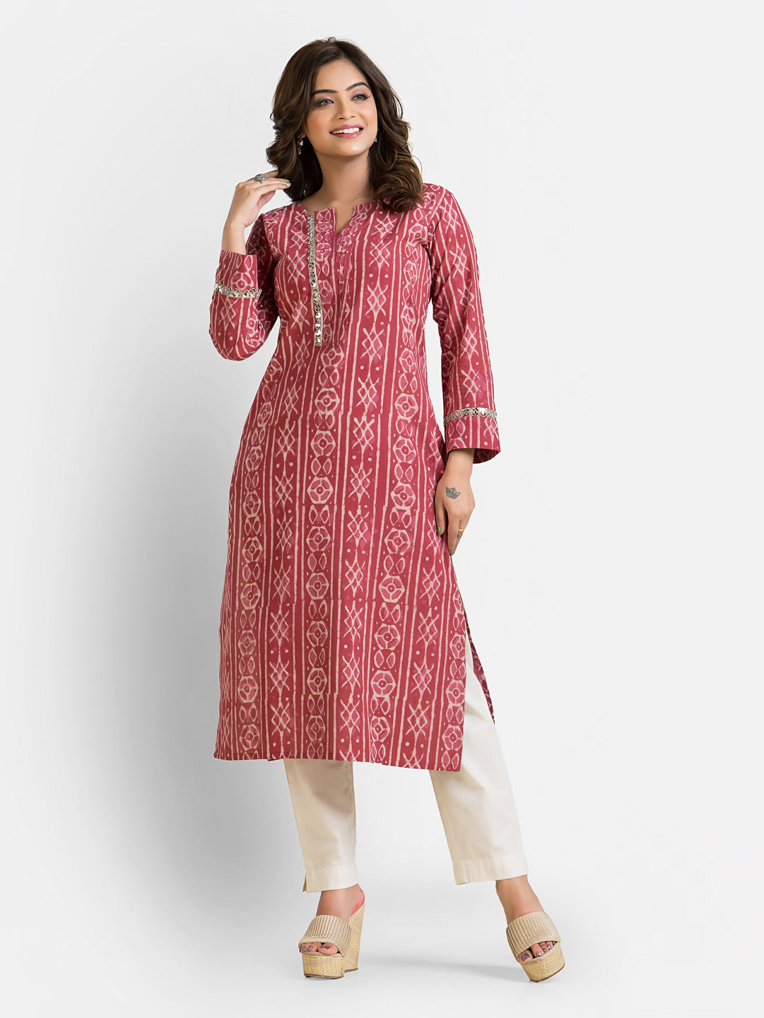 Women's Cotton Blush Dabu Mirror Kurti