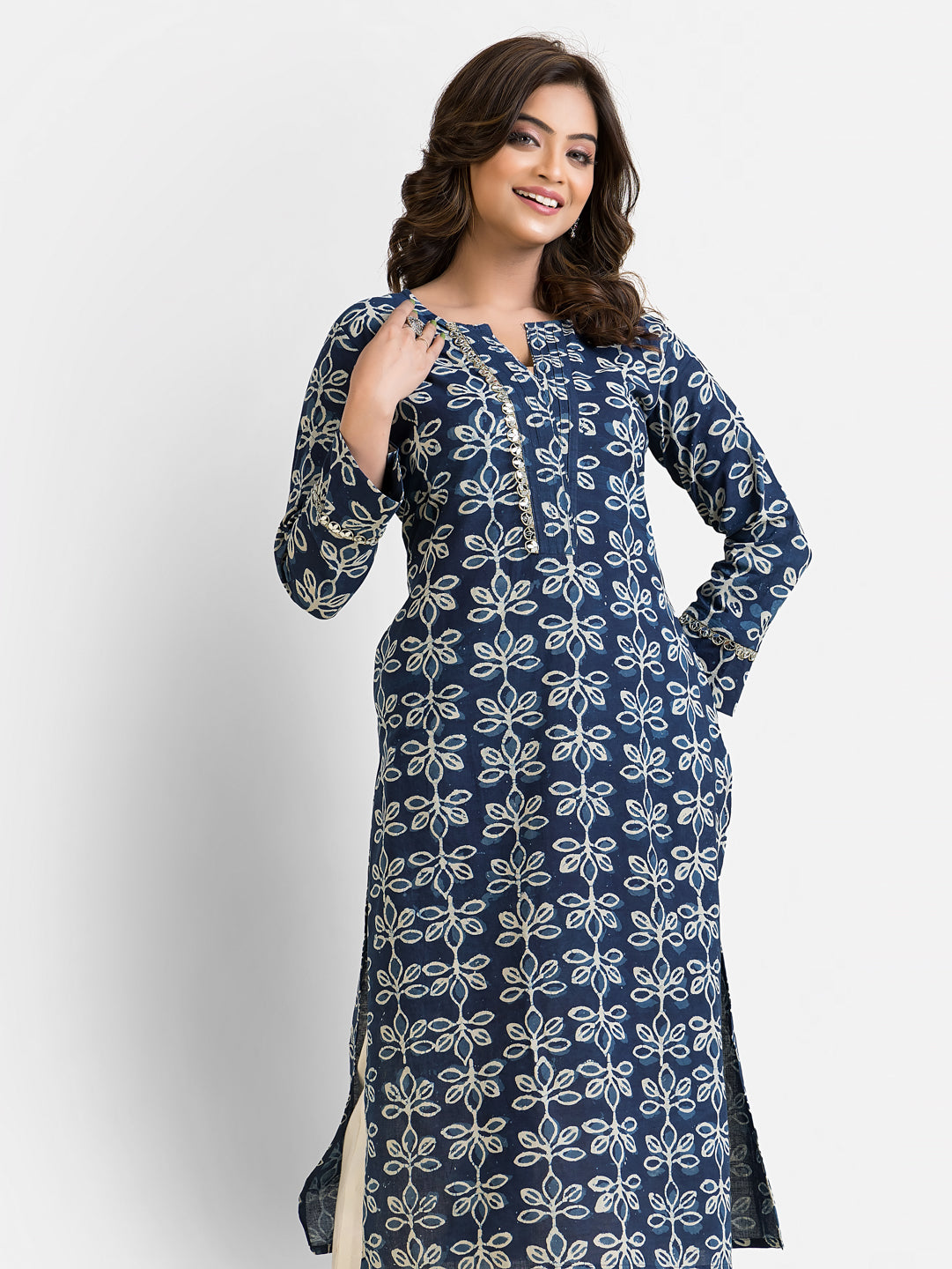 Women's Cotton Indigo Dabu Mirror Kurti