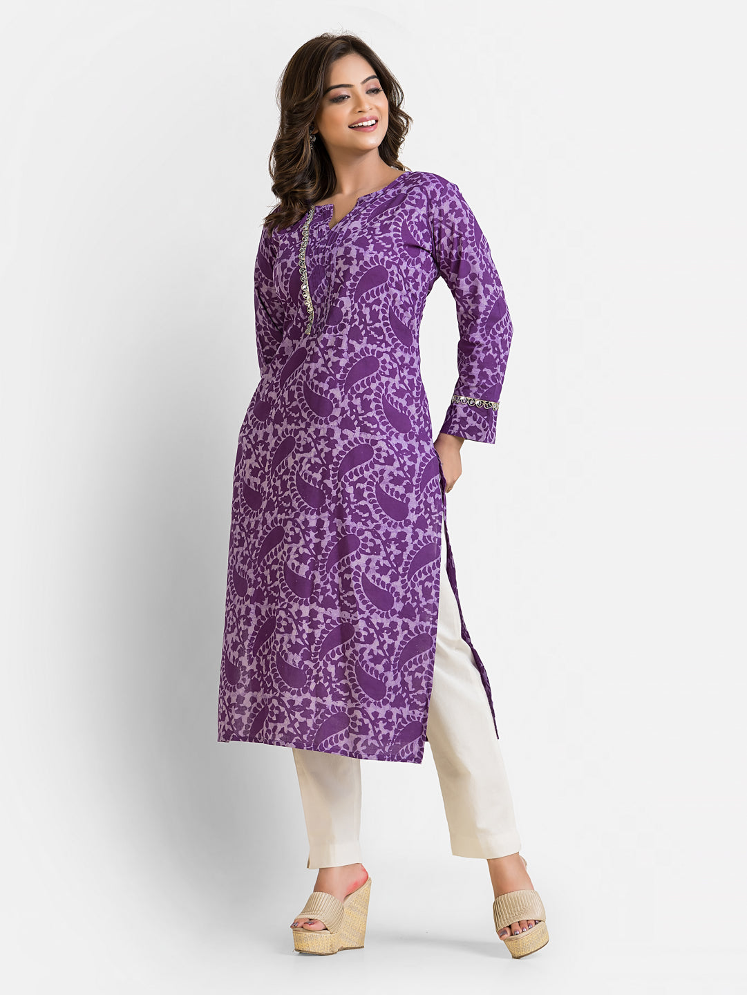 Women's Cotton Purple Dabu Mirror Kurti