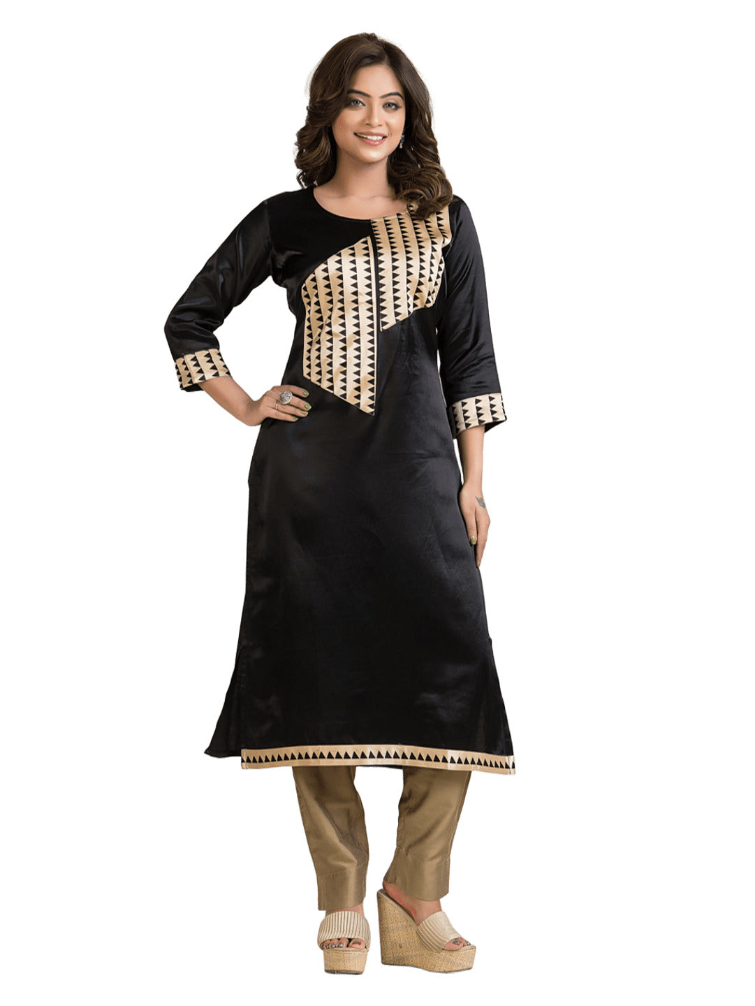 Women's Black Patchwork Mashru Kurti