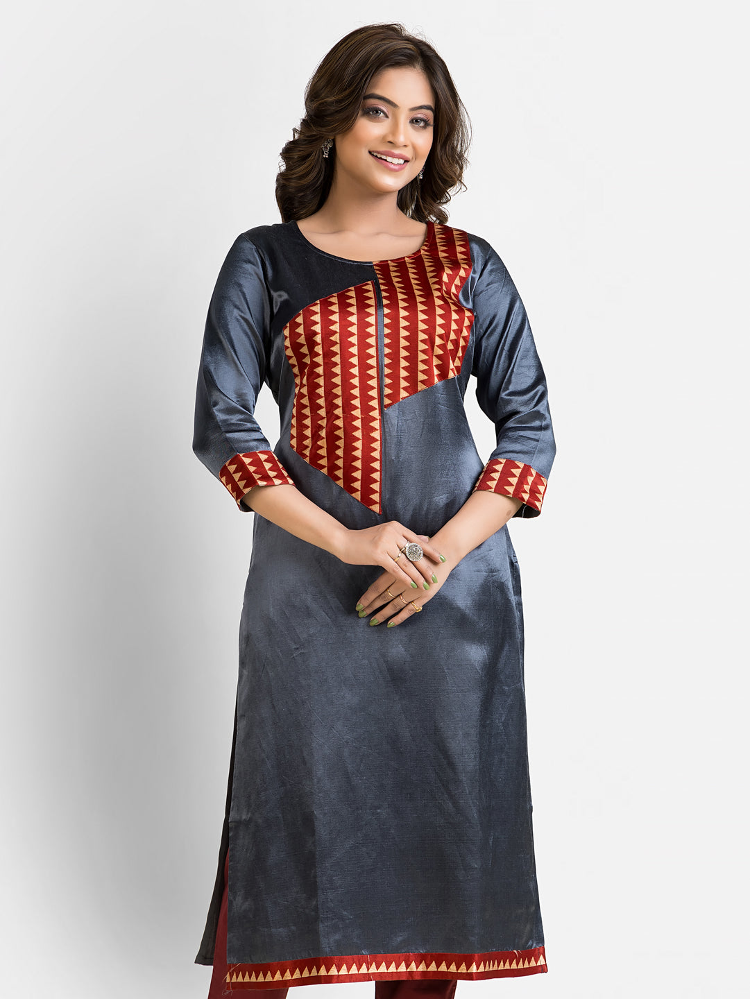 Women's Steel Grey Patchwork Mashru Kurti