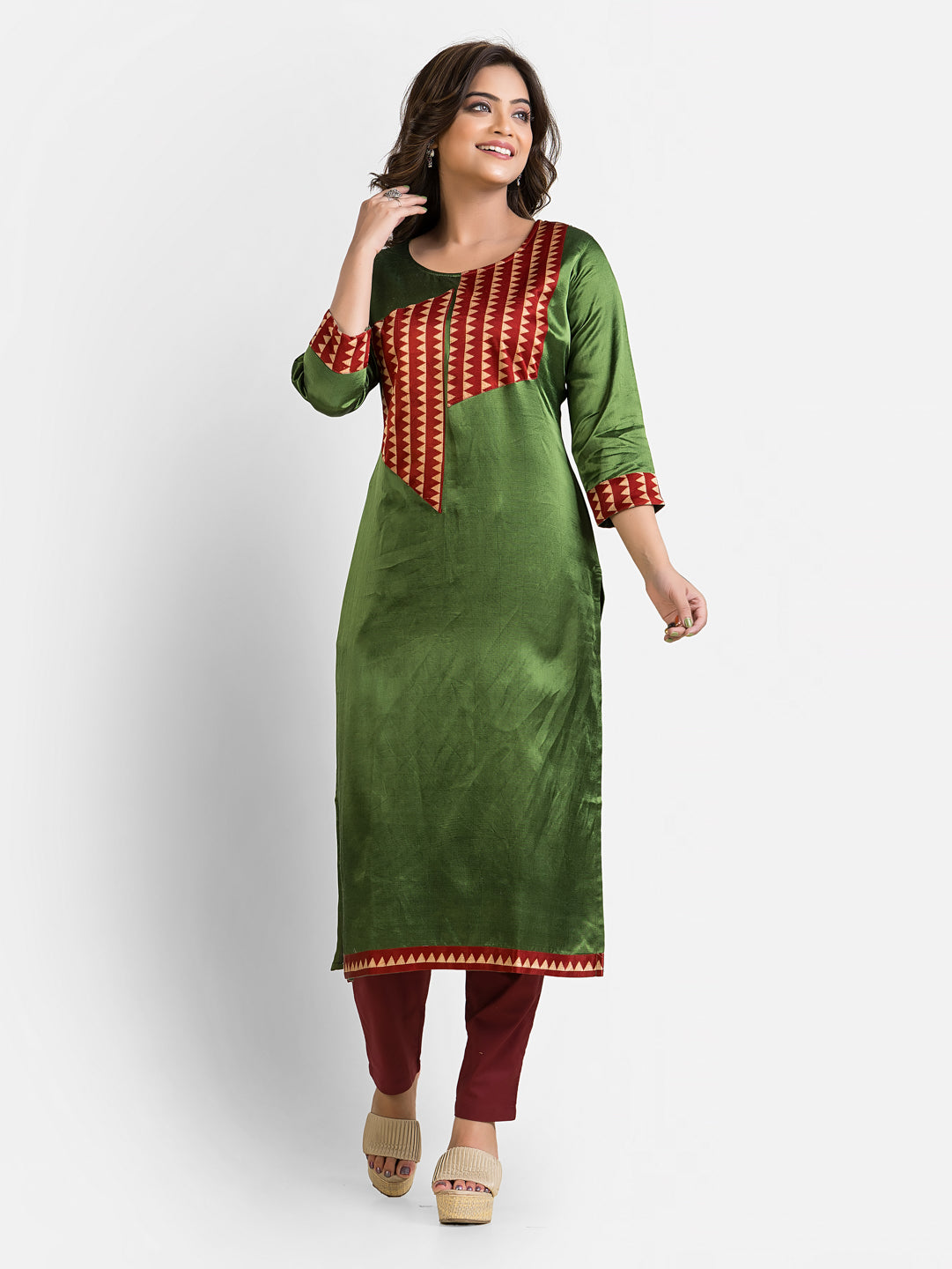Women's Green Patchwork Mashru Kurti