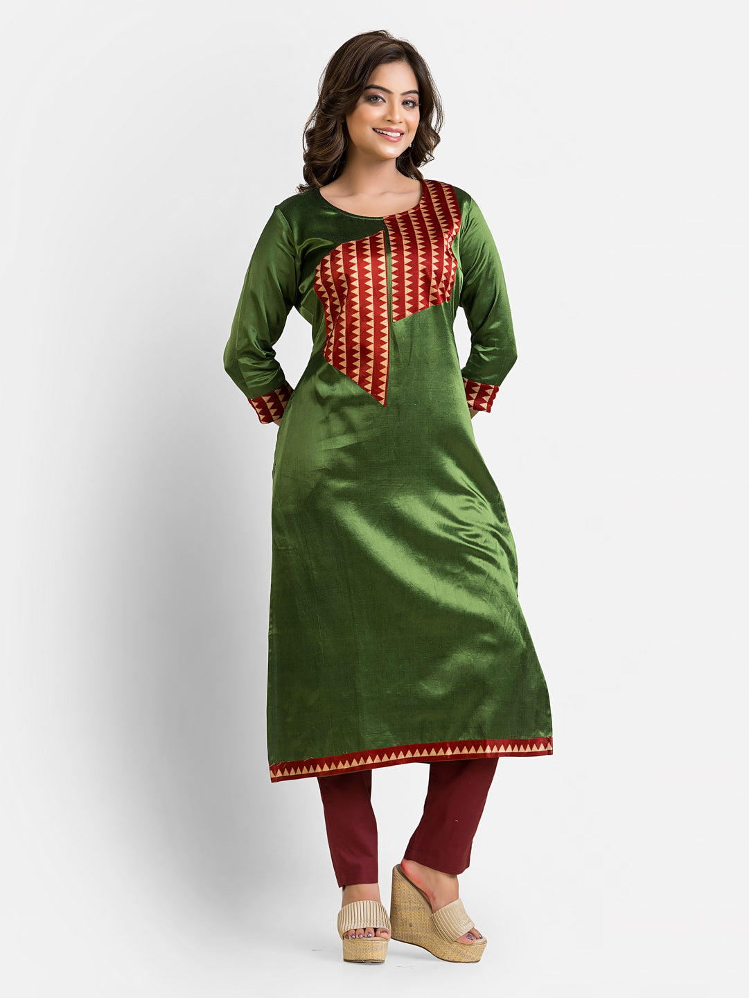 Women's Green Patchwork Mashru Kurti