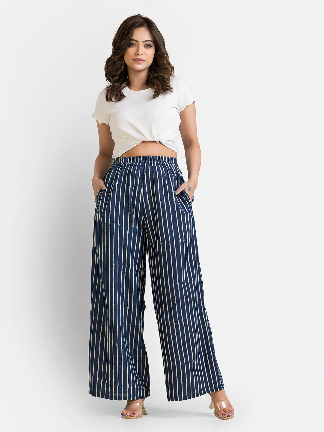Women's Cotton Navy Ankle Length Palazzo - Crazy Needle Online