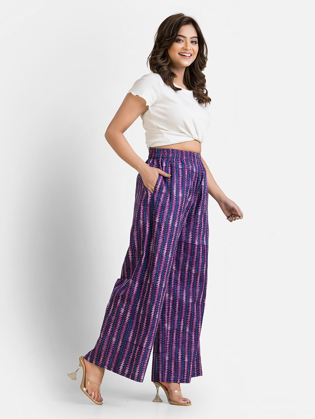 Women's Cotton Purple Ankle Length Palazzo - Crazy Needle Online