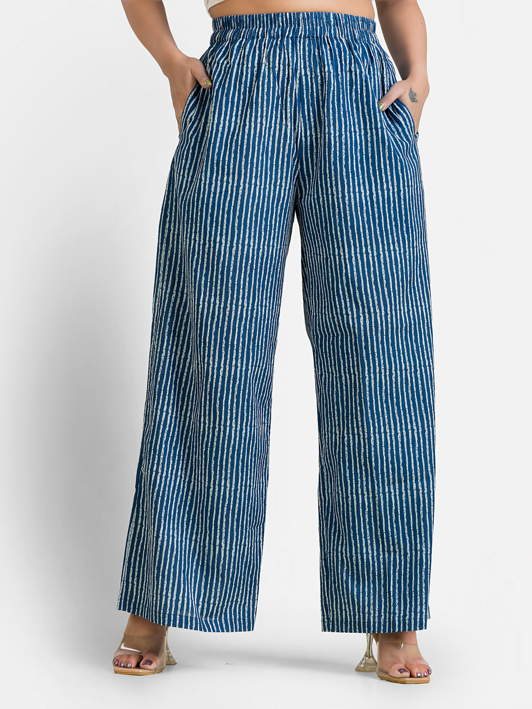 Women's Cotton Navy Stripped Ankle Length Palazzo