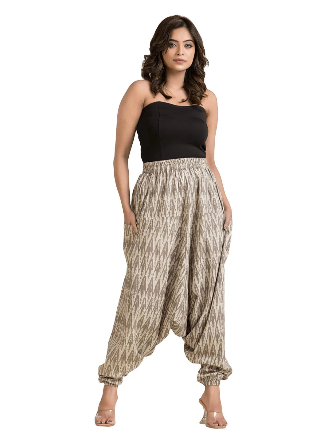Women's grey cotton Ajrakh printed harem pant with relaxed fit and intricate traditional patterns by Crazy Needle Online.