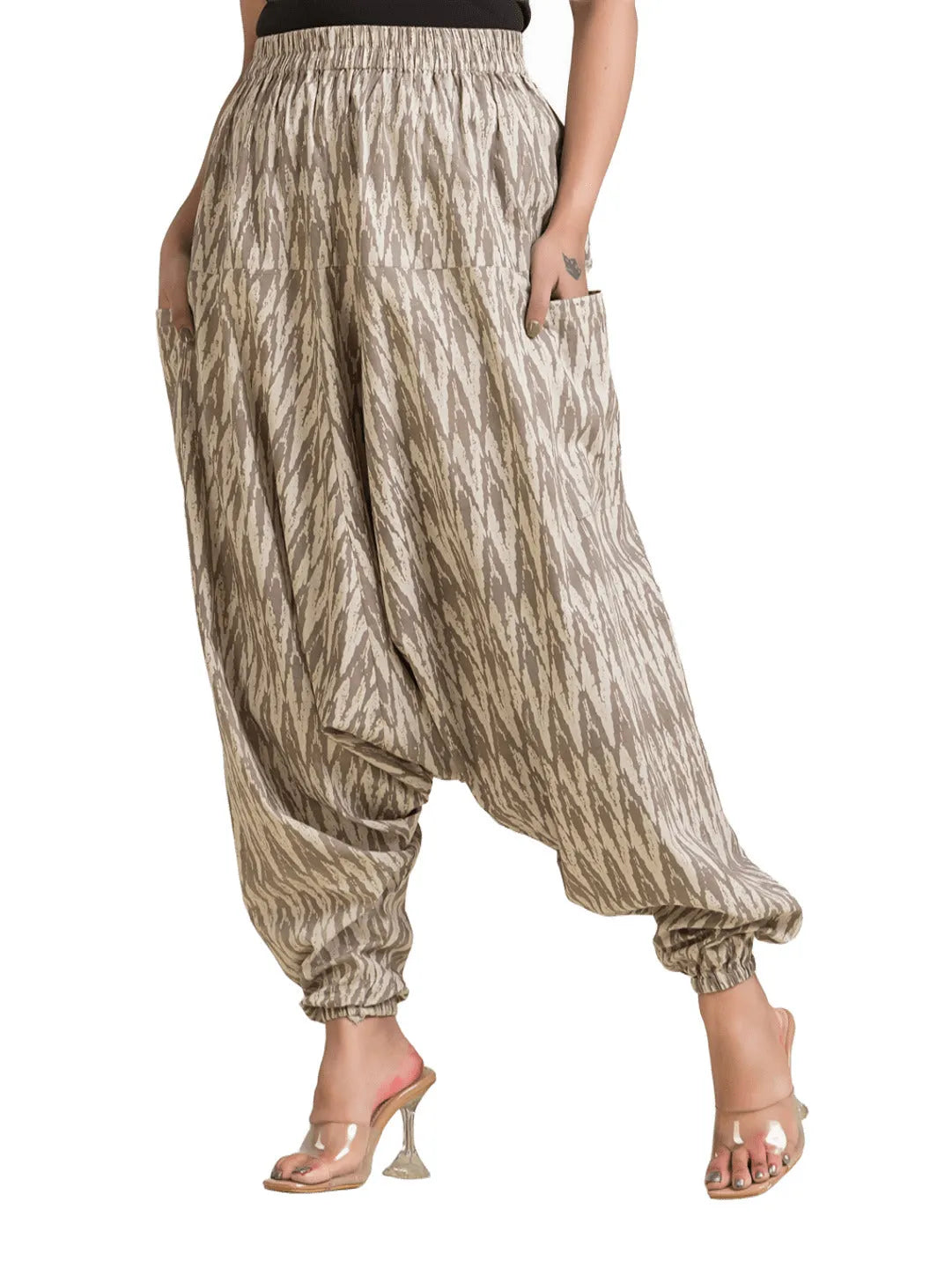 Women's grey cotton harem pant with Ajrakh print from Crazy Needle Online, featuring a relaxed, comfortable fit and traditional design.