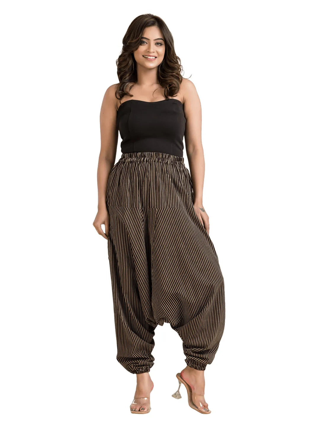 Women's Cotton Black Striped Printed Harem Pant