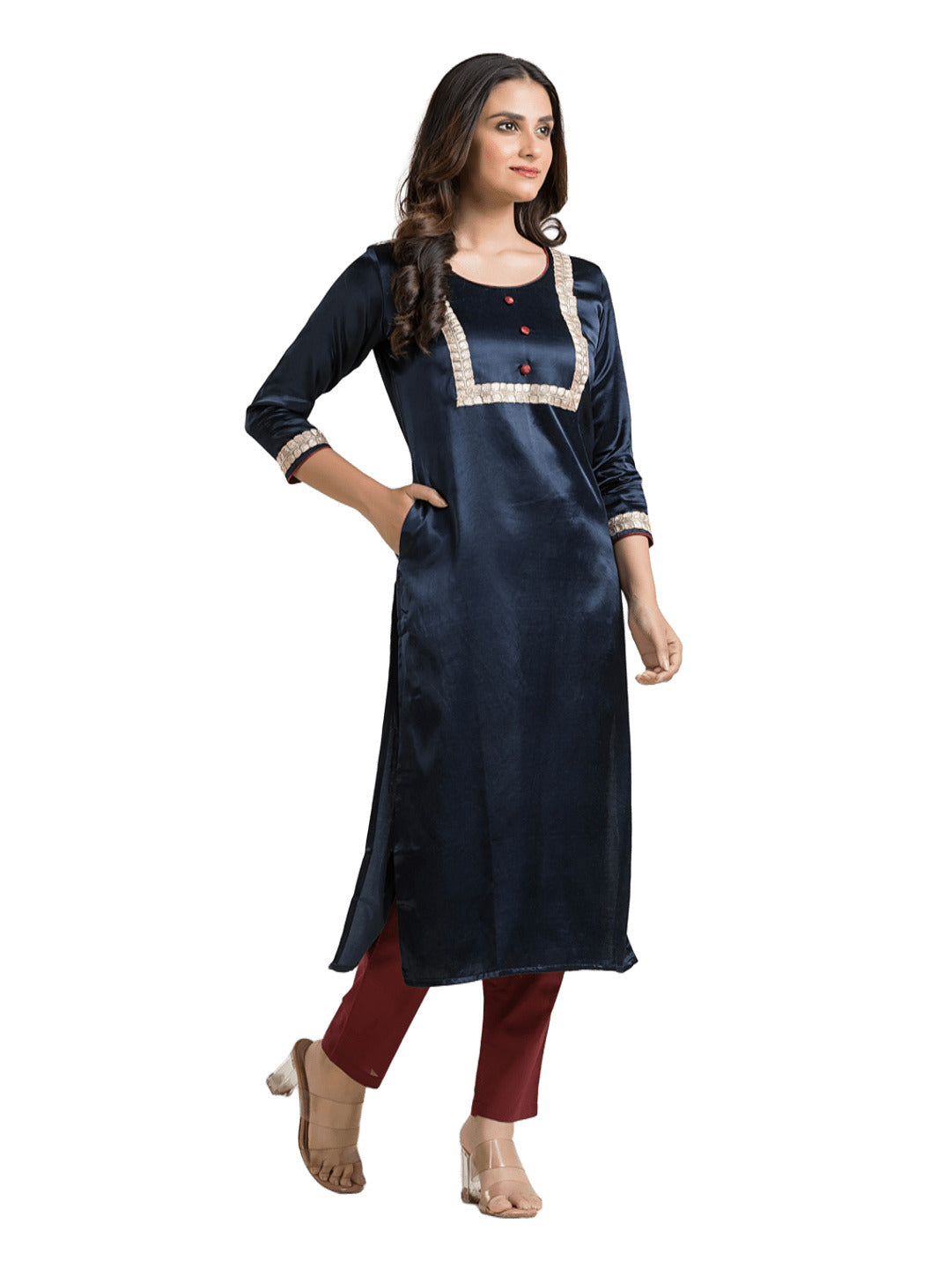 Women's Round Neck Blue Mashru Kurti