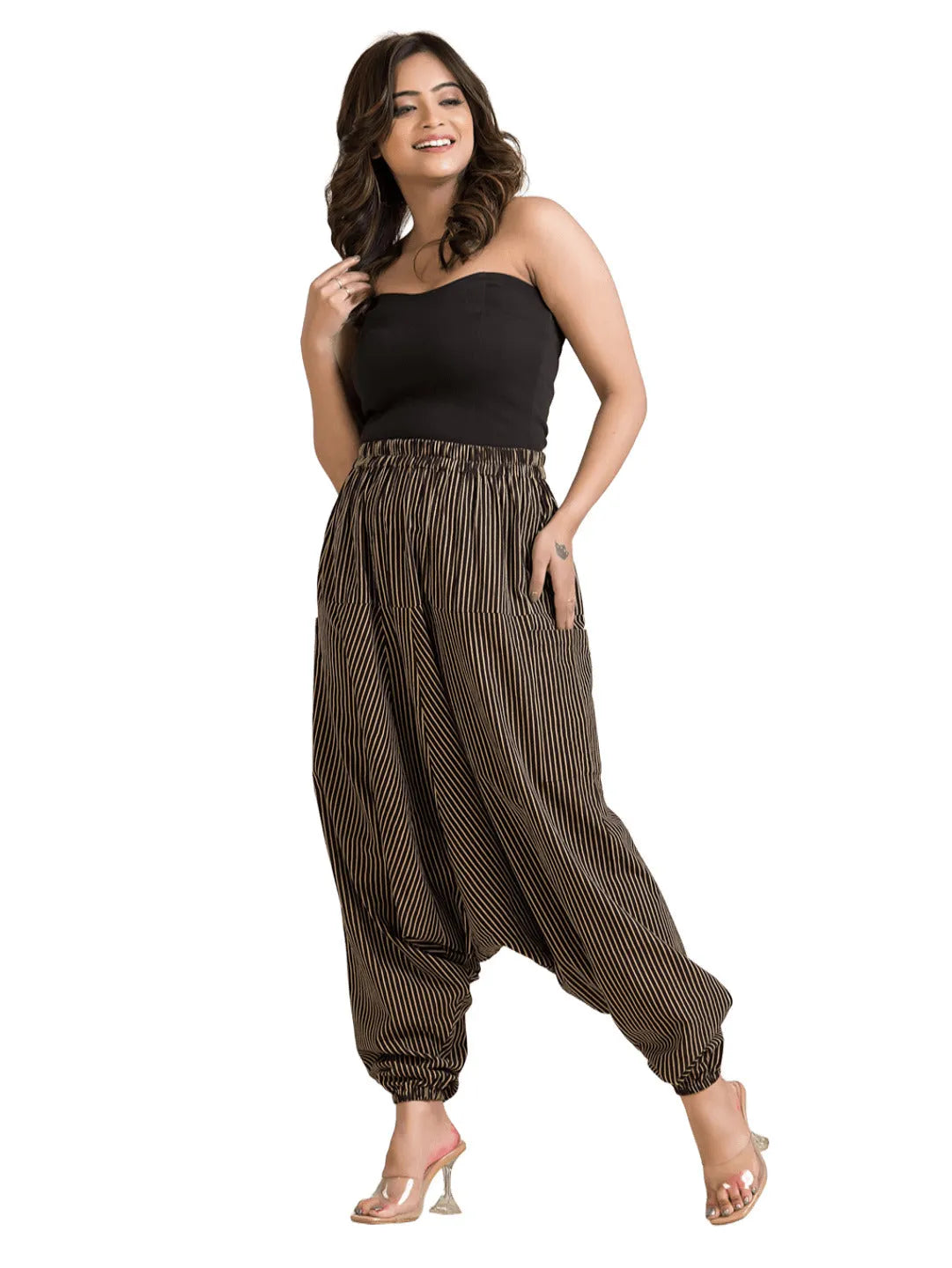 Women's black cotton harem pants with striped printed design, relaxed fit, and comfortable style by Crazy Needle Online.