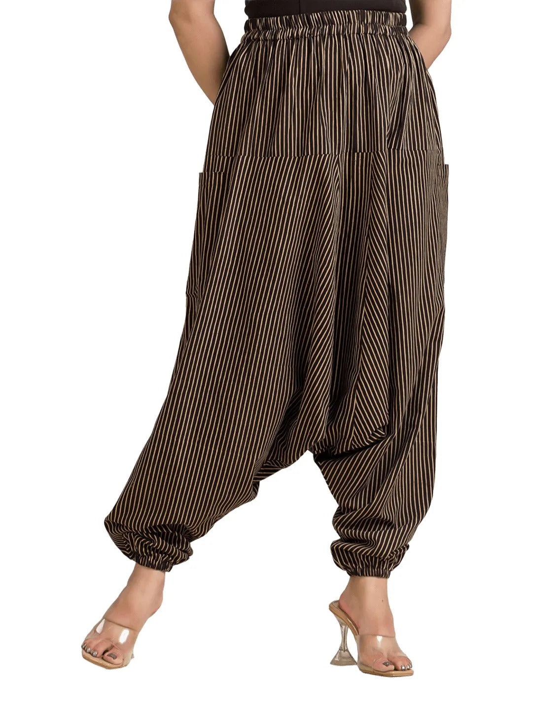 Women’s black cotton harem pants with white striped print, relaxed fit, and comfortable style from Crazy Needle Online.