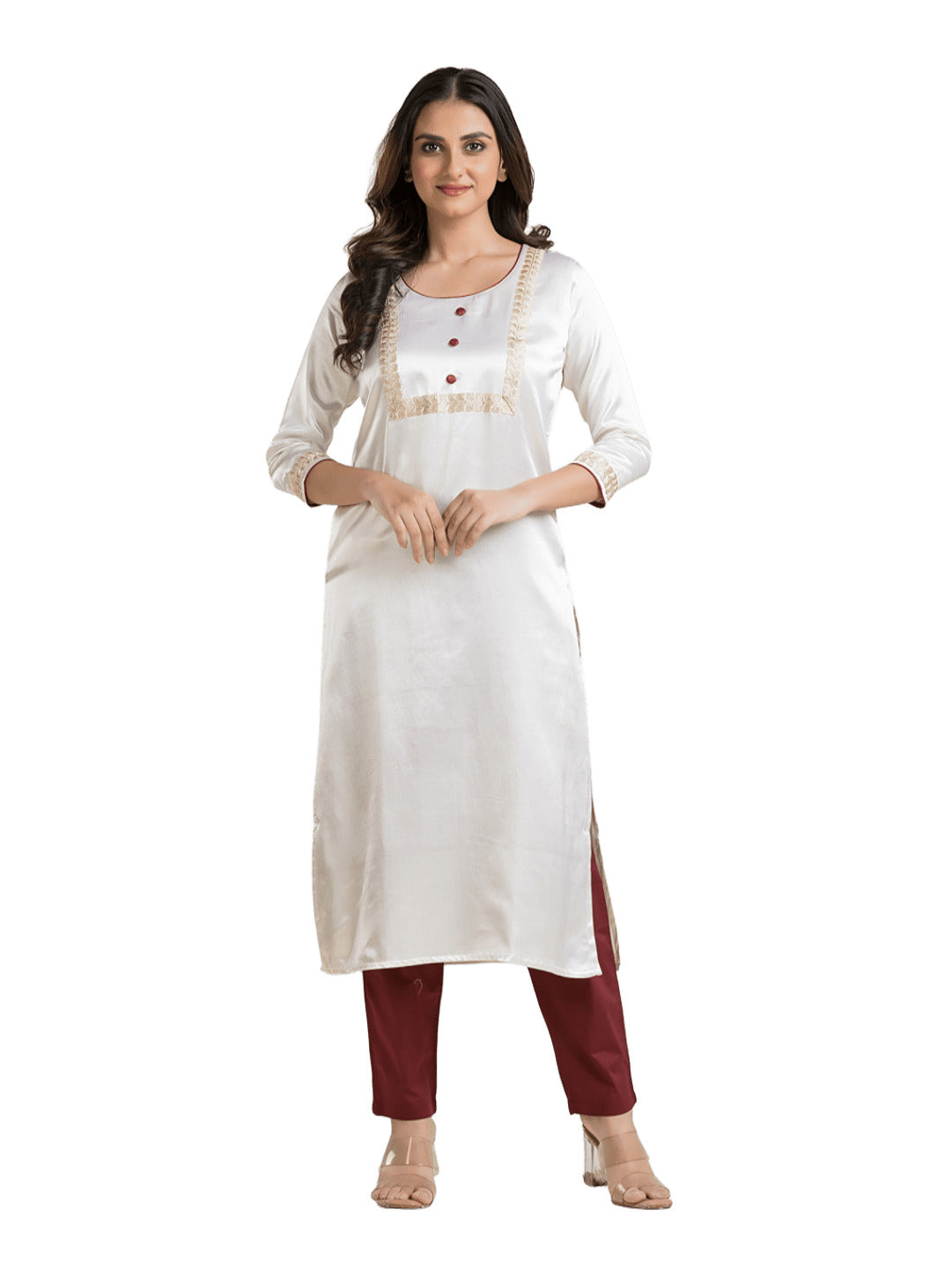 Women's Round Neck White Mashru Kurti