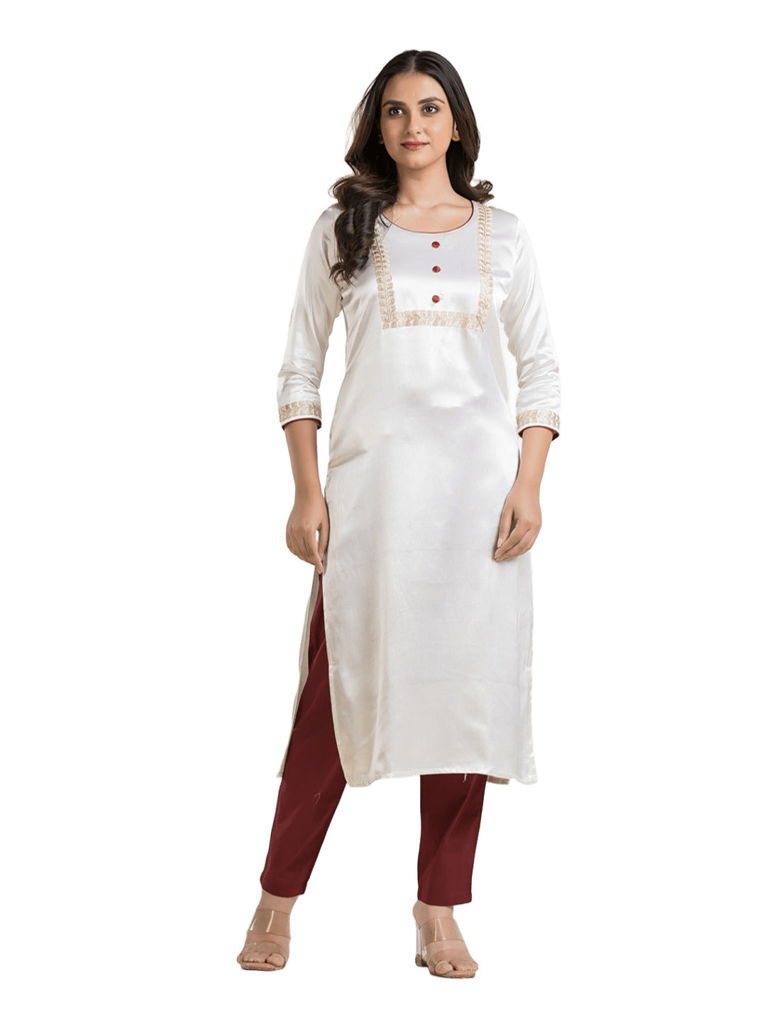Women's Round Neck White Mashru Kurti