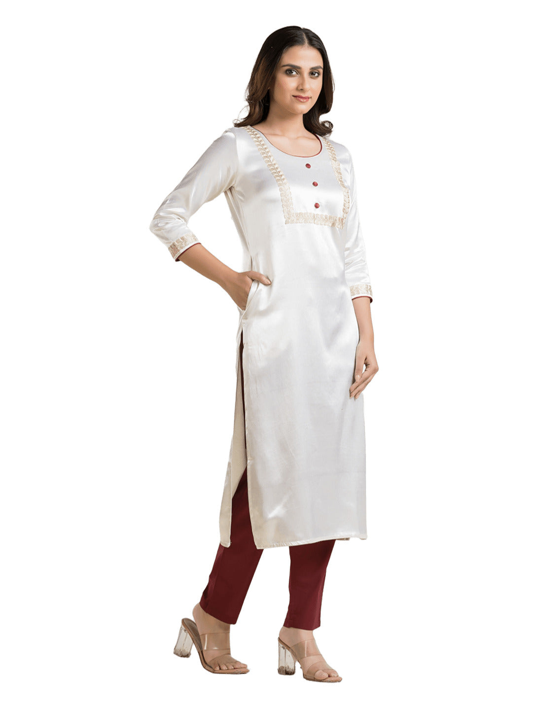 Women's Round Neck White Mashru Kurti