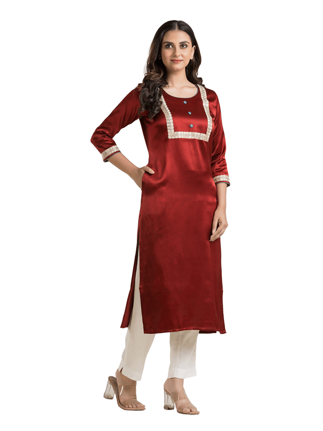 Women's Round Neck Red Mashru Kurti