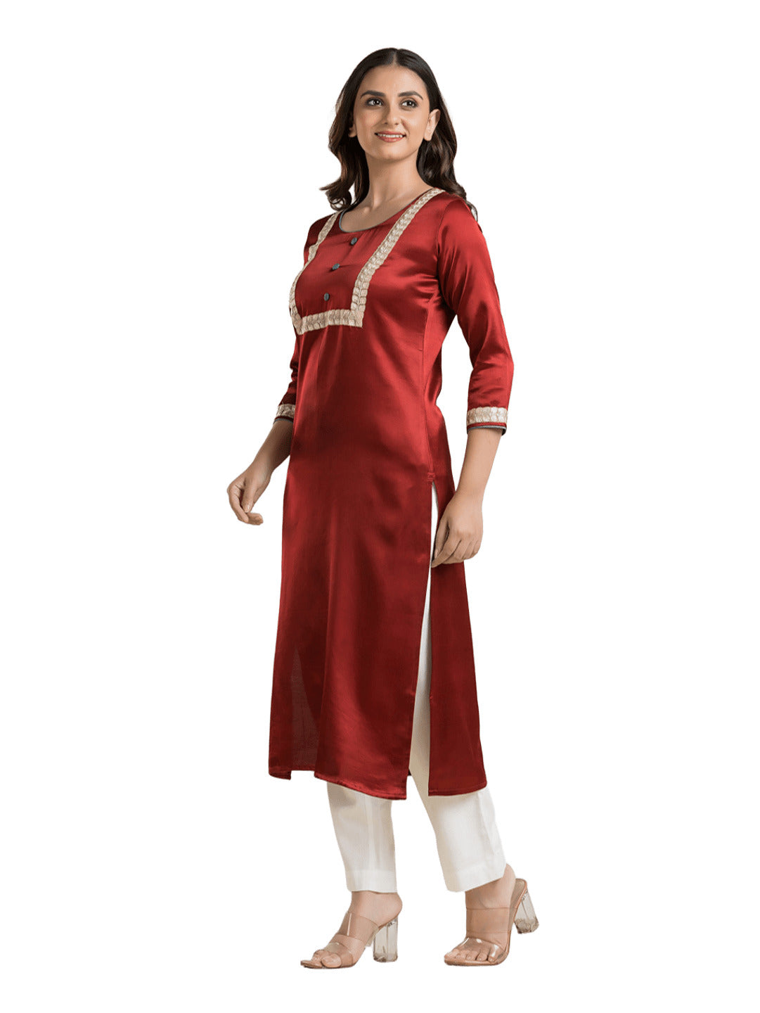 Women's Round Neck Red Mashru Kurti