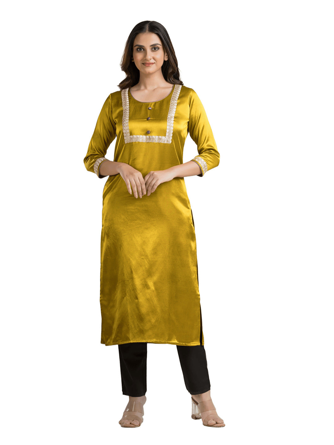 Women's Round Neck Yellow Mashru Kurti