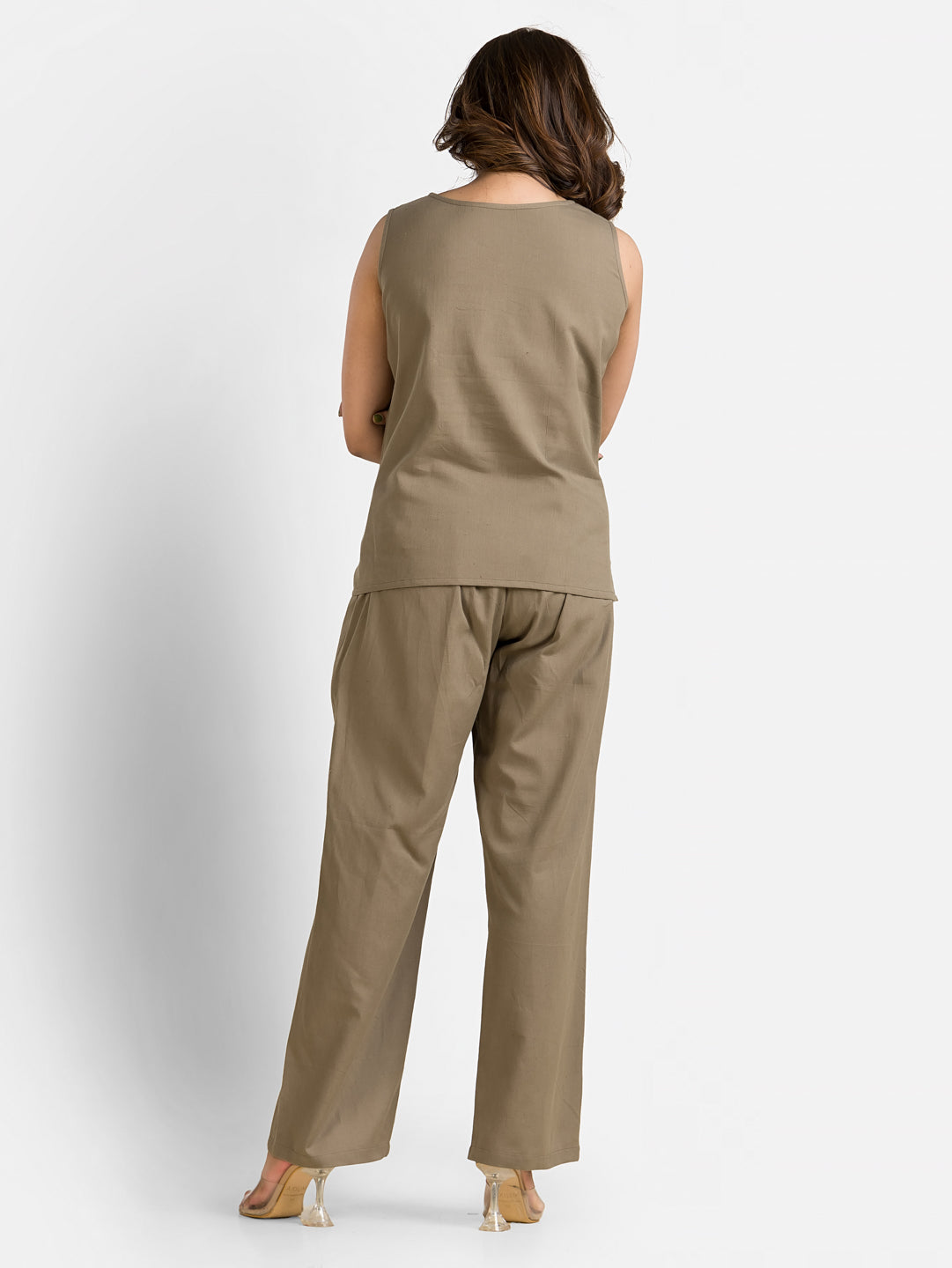 Women's Cotton Beige Top With Pant Co ord Set