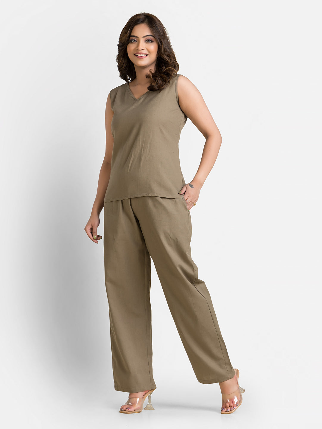 Women's Cotton Beige Top With Pant Co ord Set