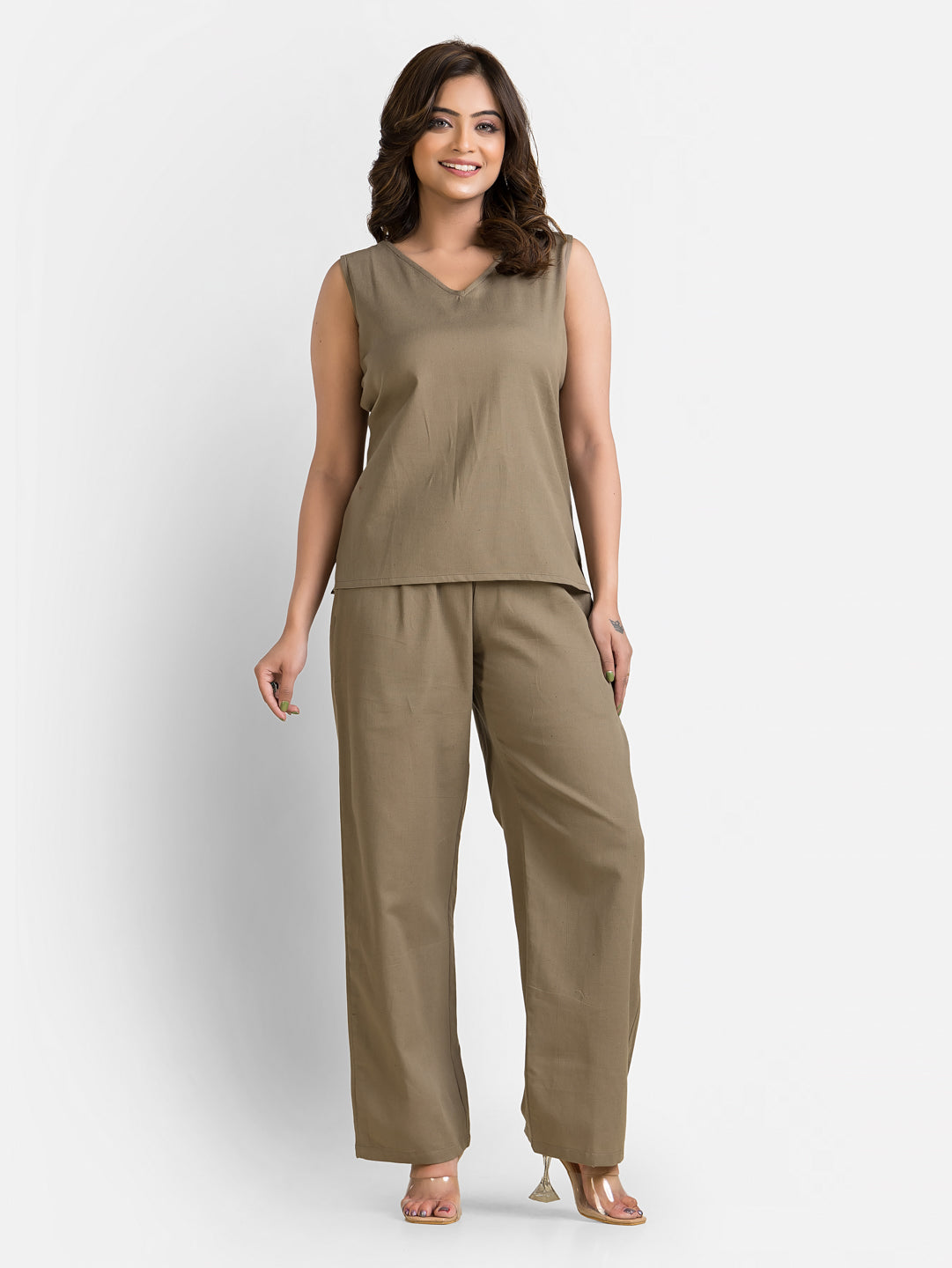 Women's Cotton Beige Top With Pant Co ord Set
