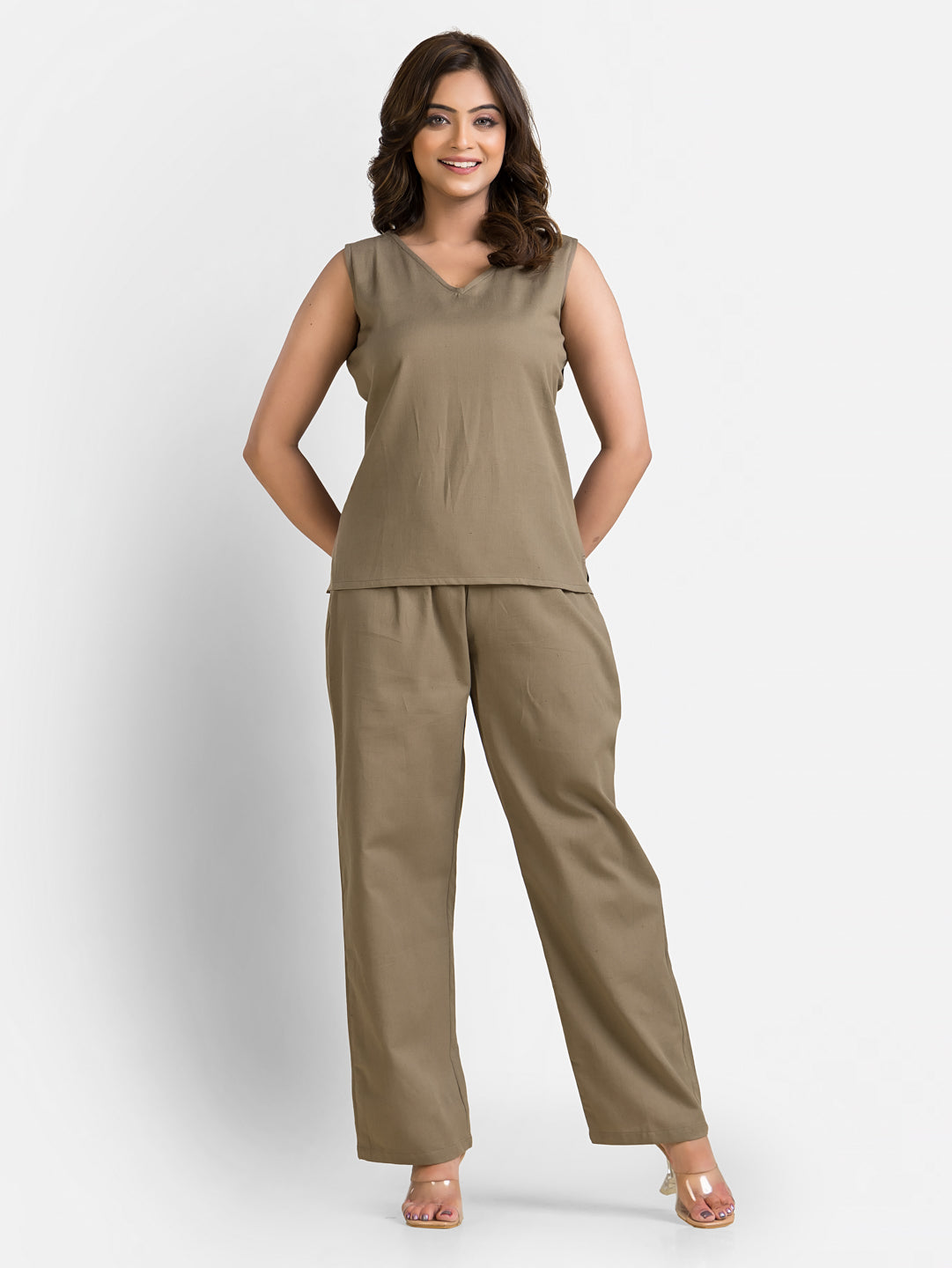 Women's Cotton Beige Top With Pant Co ord Set