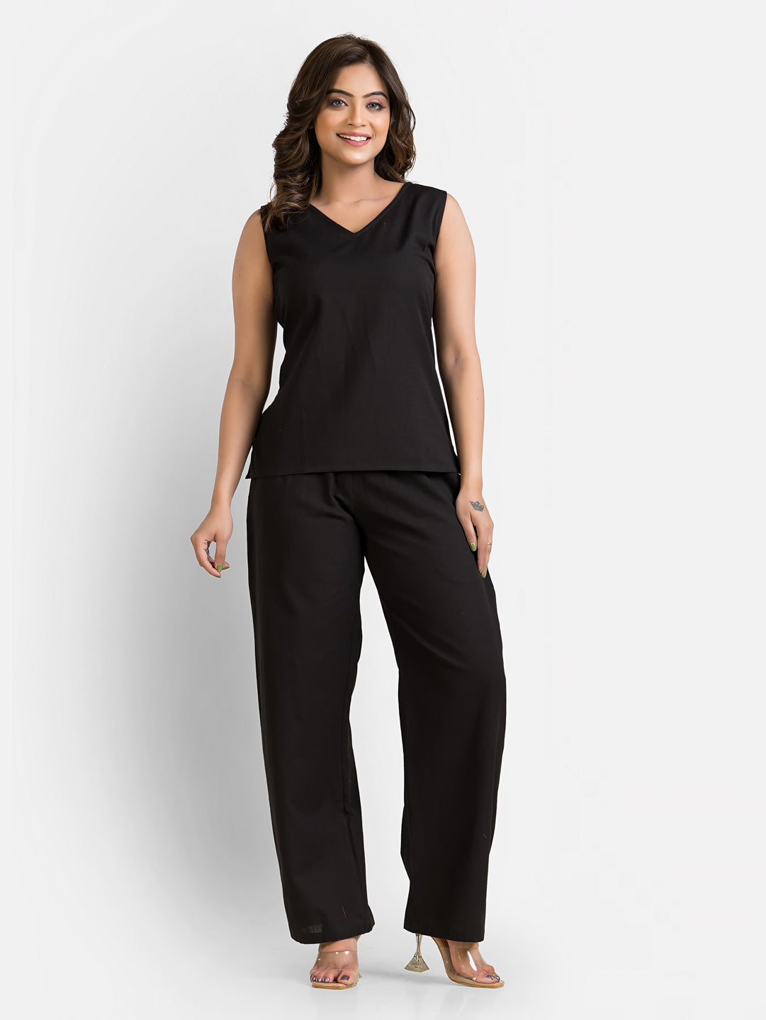 Women's Cotton Black Top With Pant Co ord Set
