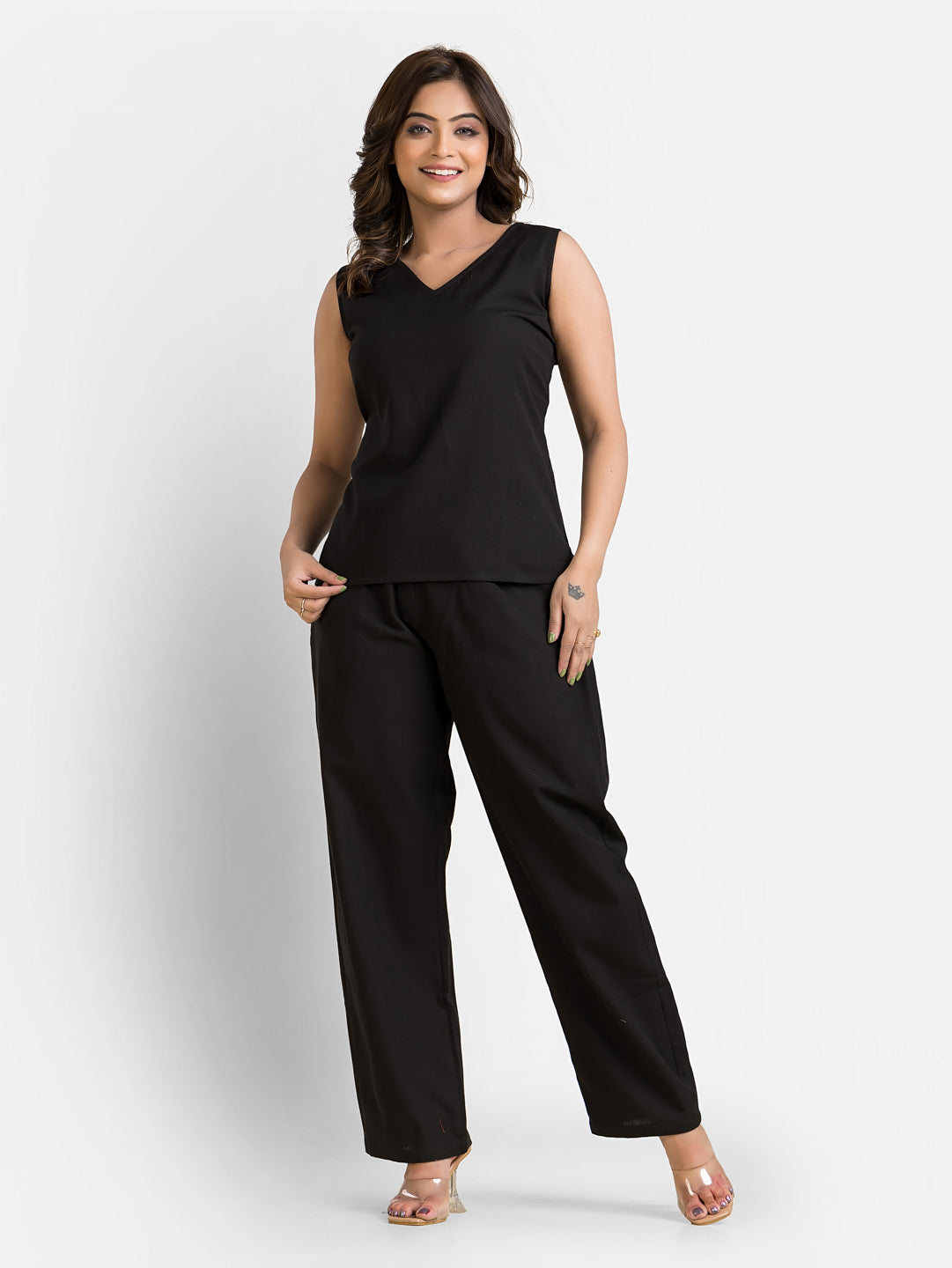 Women's Cotton Black Top With Pant Co ord Set