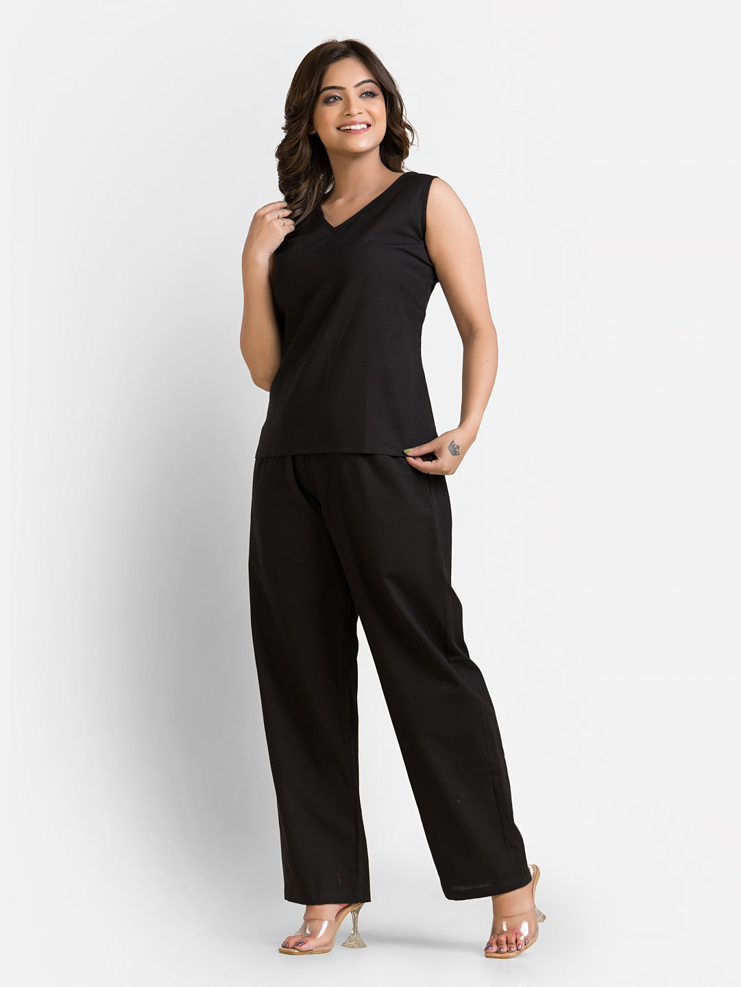 Women's Cotton Black Top With Pant Co ord Set