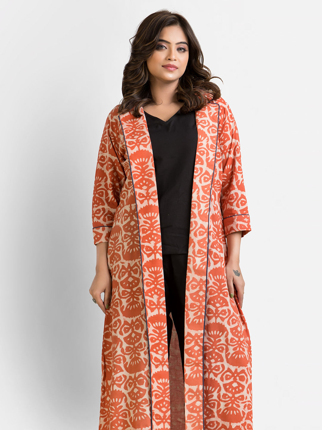 Women's Cotton Black Co-Ord With Orange Shrug