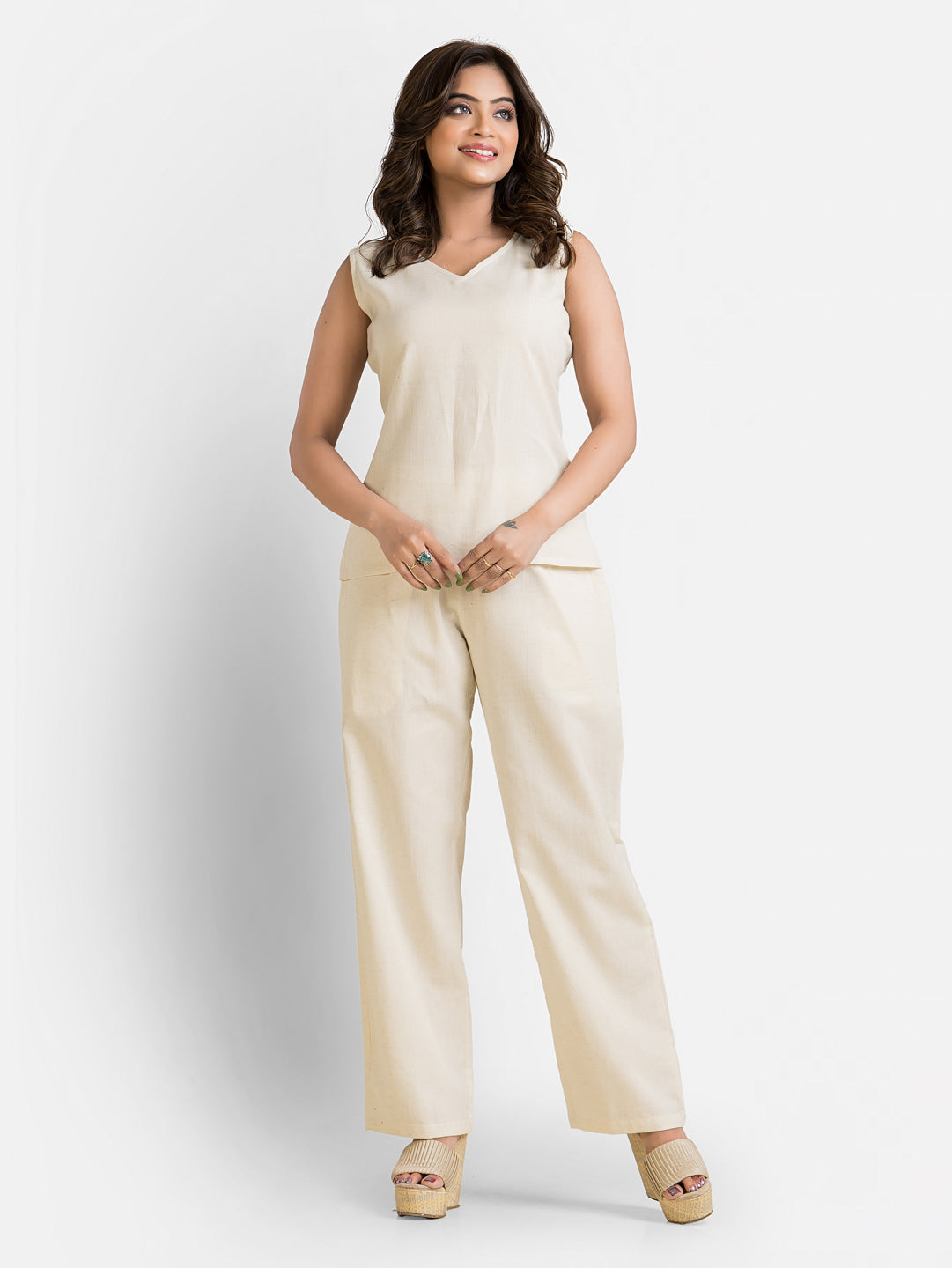 Women's Cotton White Top With Pant Co ord Set