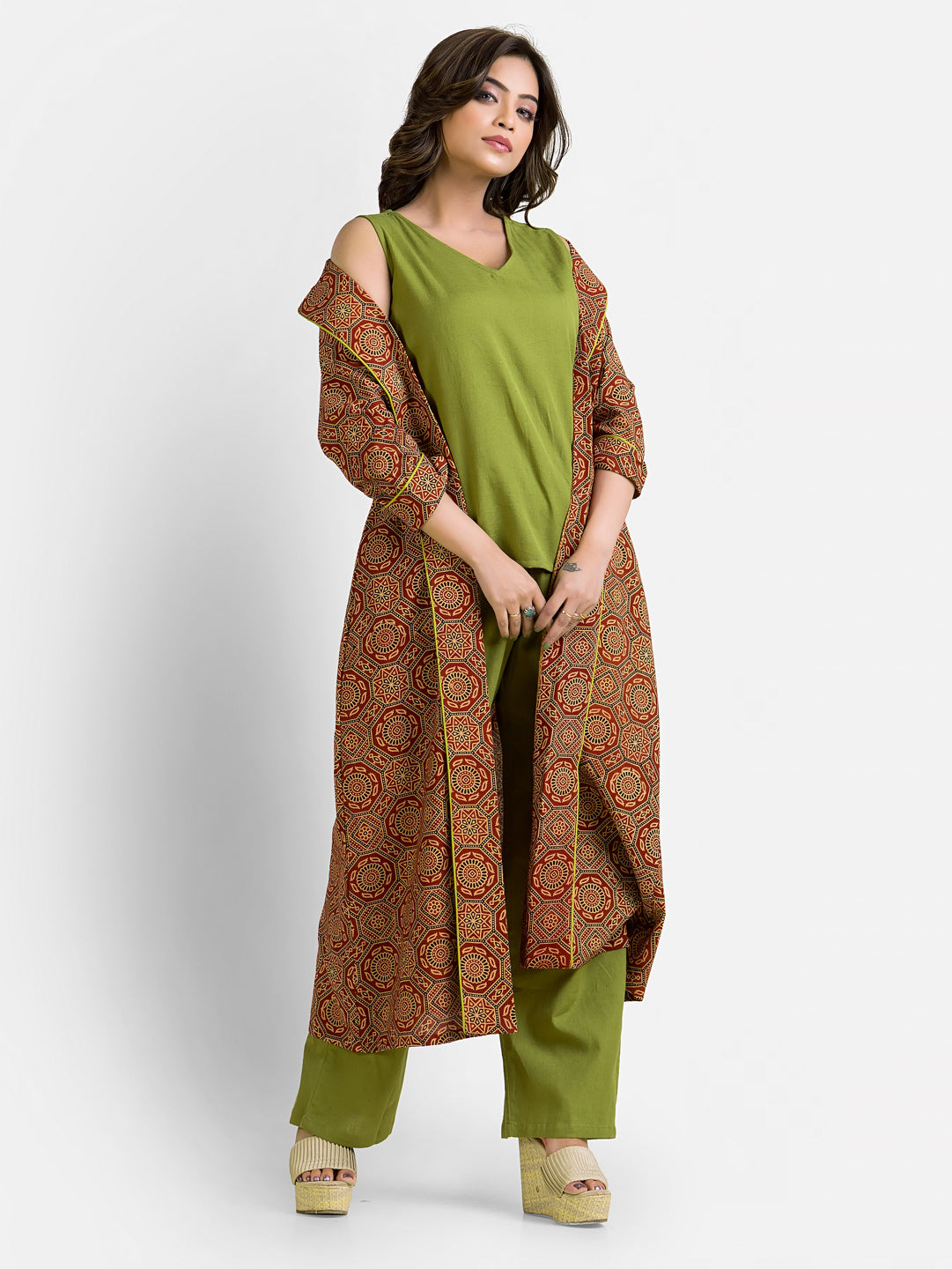 Women's Cotton Green Co-Ord With Beige Shrug