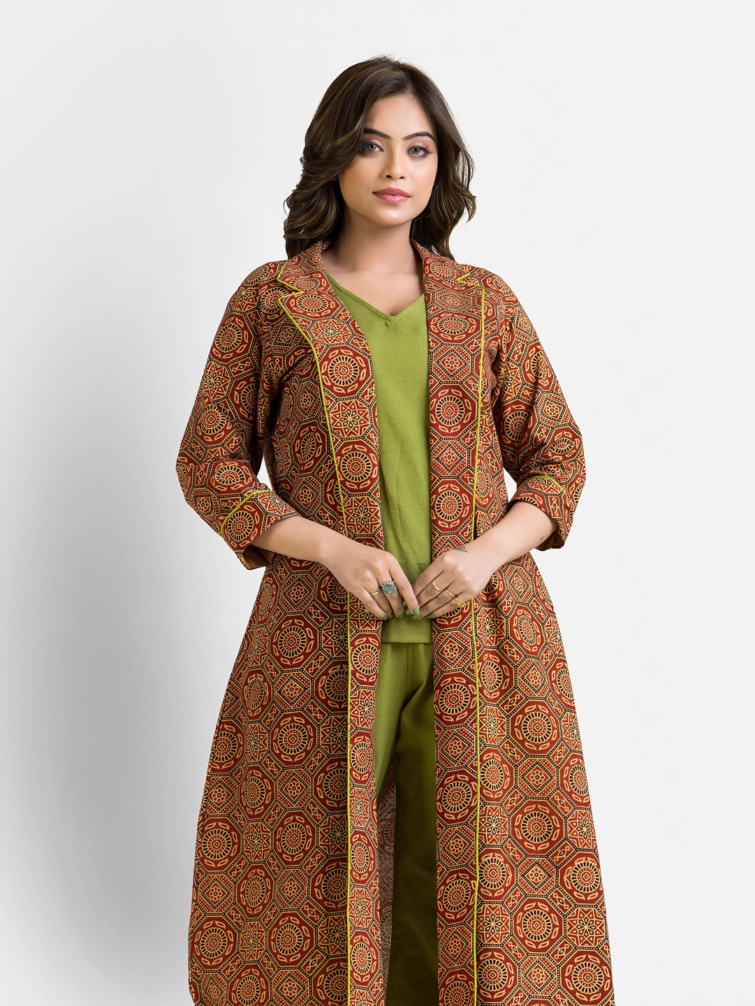 Women's Cotton Green Co-Ord With Beige Shrug