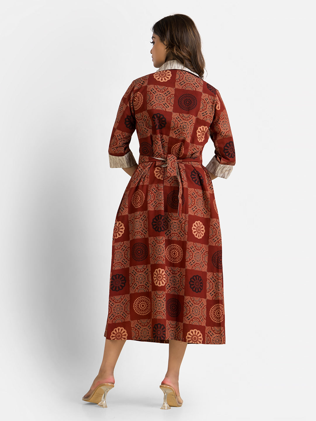 Women's Handblock Geometric Print Coat Collar Dress