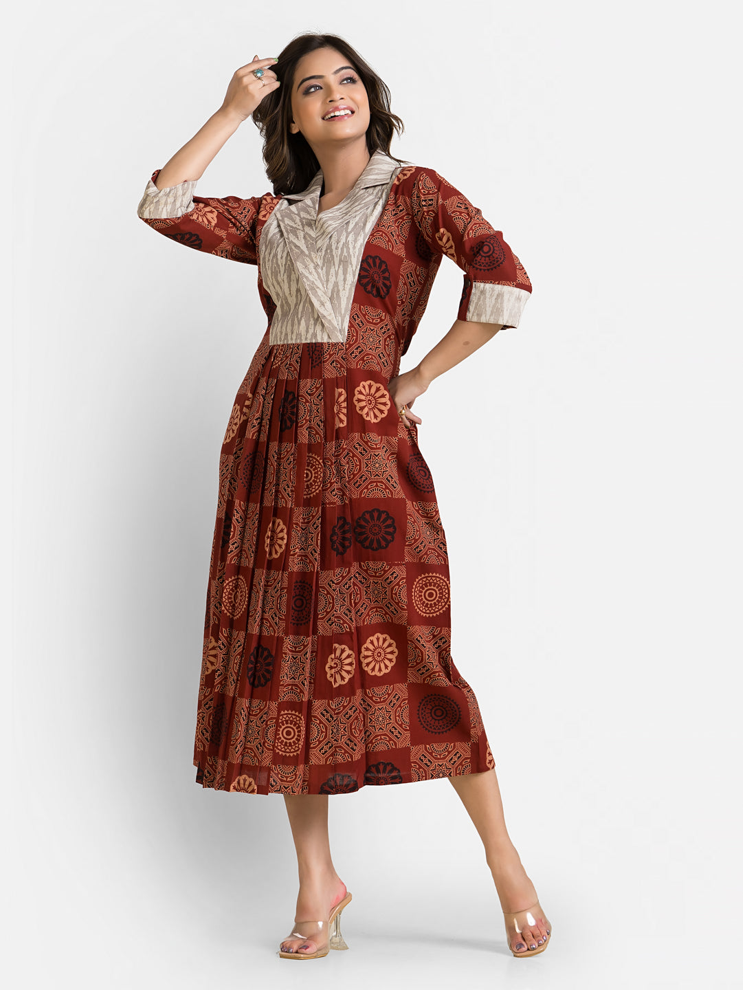 Women's Handblock Geometric Print Coat Collar Dress