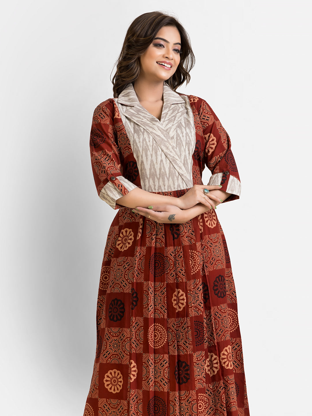 Women's Handblock Geometric Print Coat Collar Dress