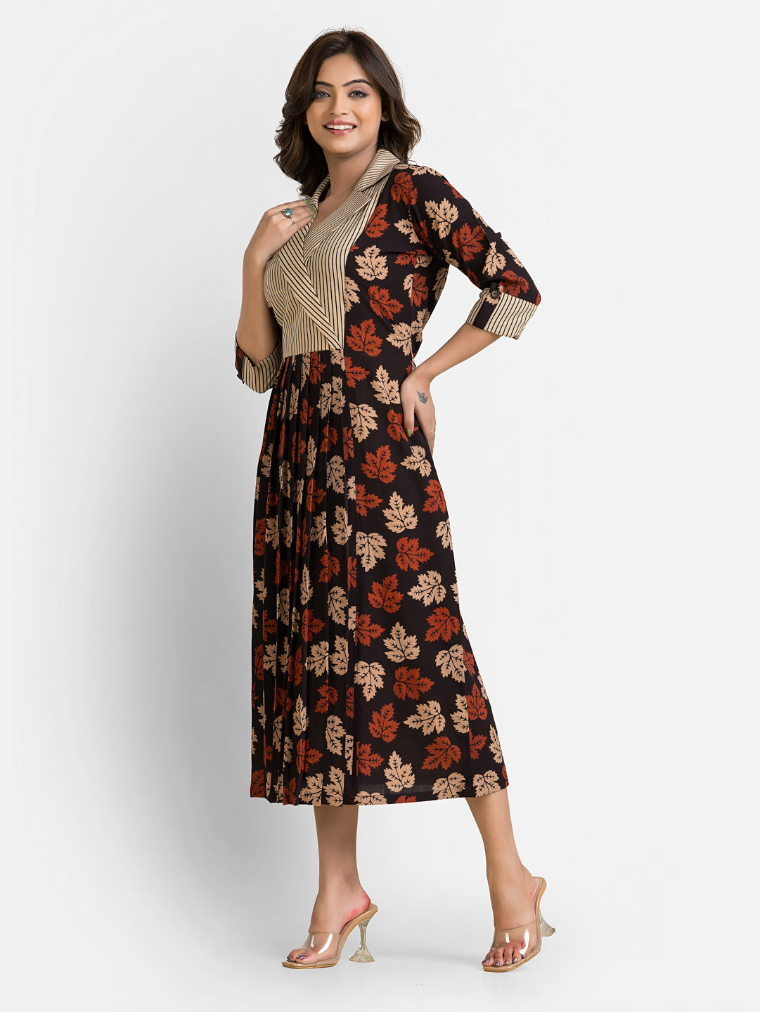Women's Mapple Leaf Print Coat Collar Dress