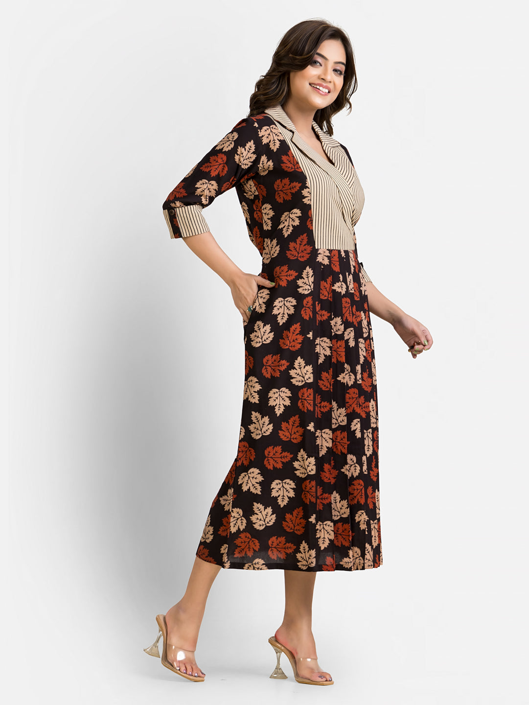 Women's Mapple Leaf Print Coat Collar Dress