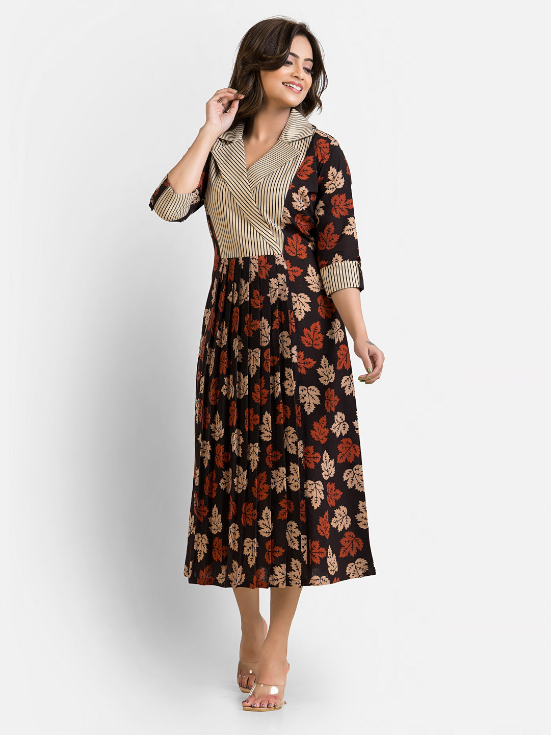 Women's Mapple Leaf Print Coat Collar Dress