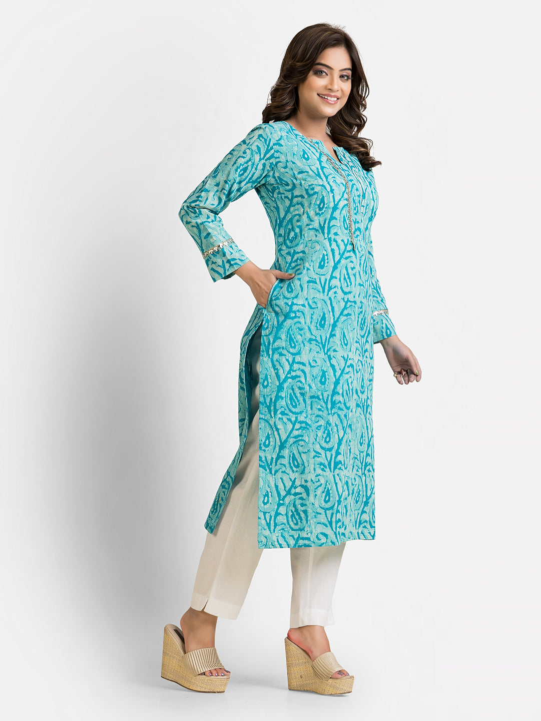Women's Cotton Sea Green Dabu Mirror Kurti
