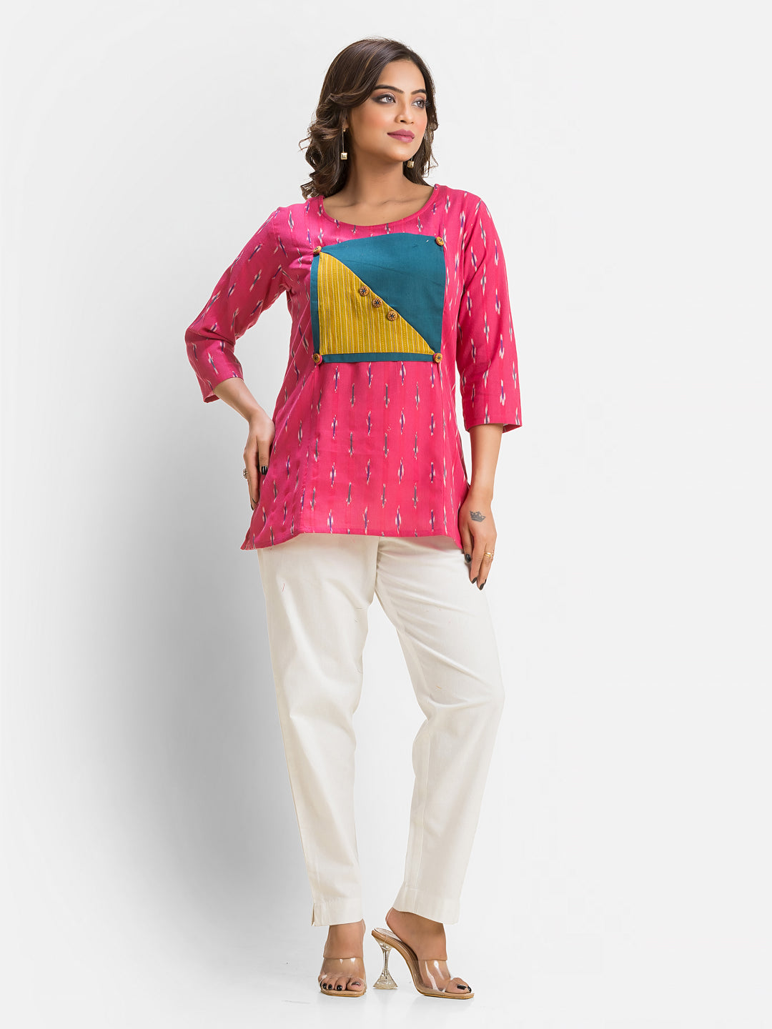 Women's Cotton Ikkat Patchwork Pink Top