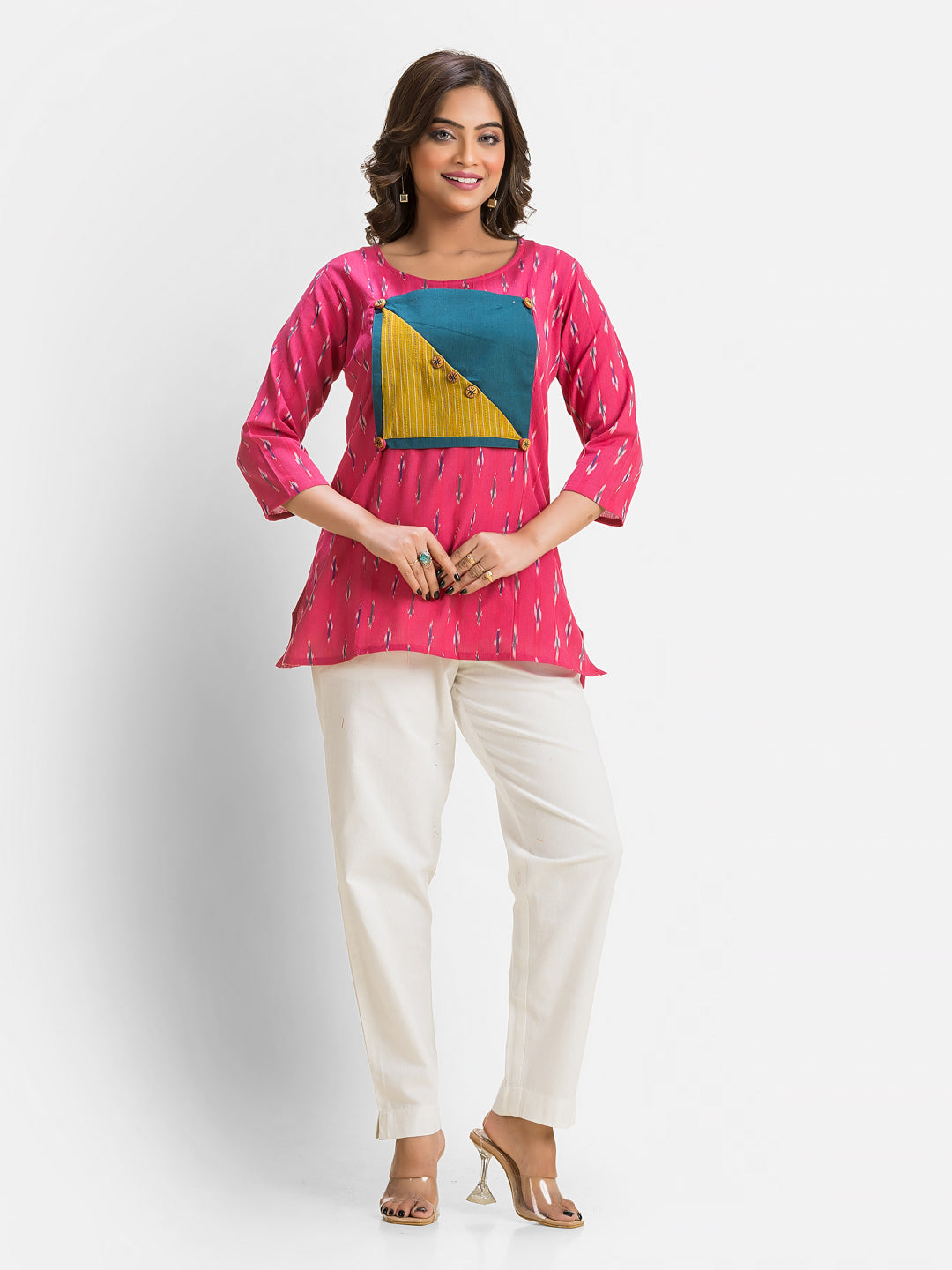Women's Cotton Ikkat Patchwork Pink Top